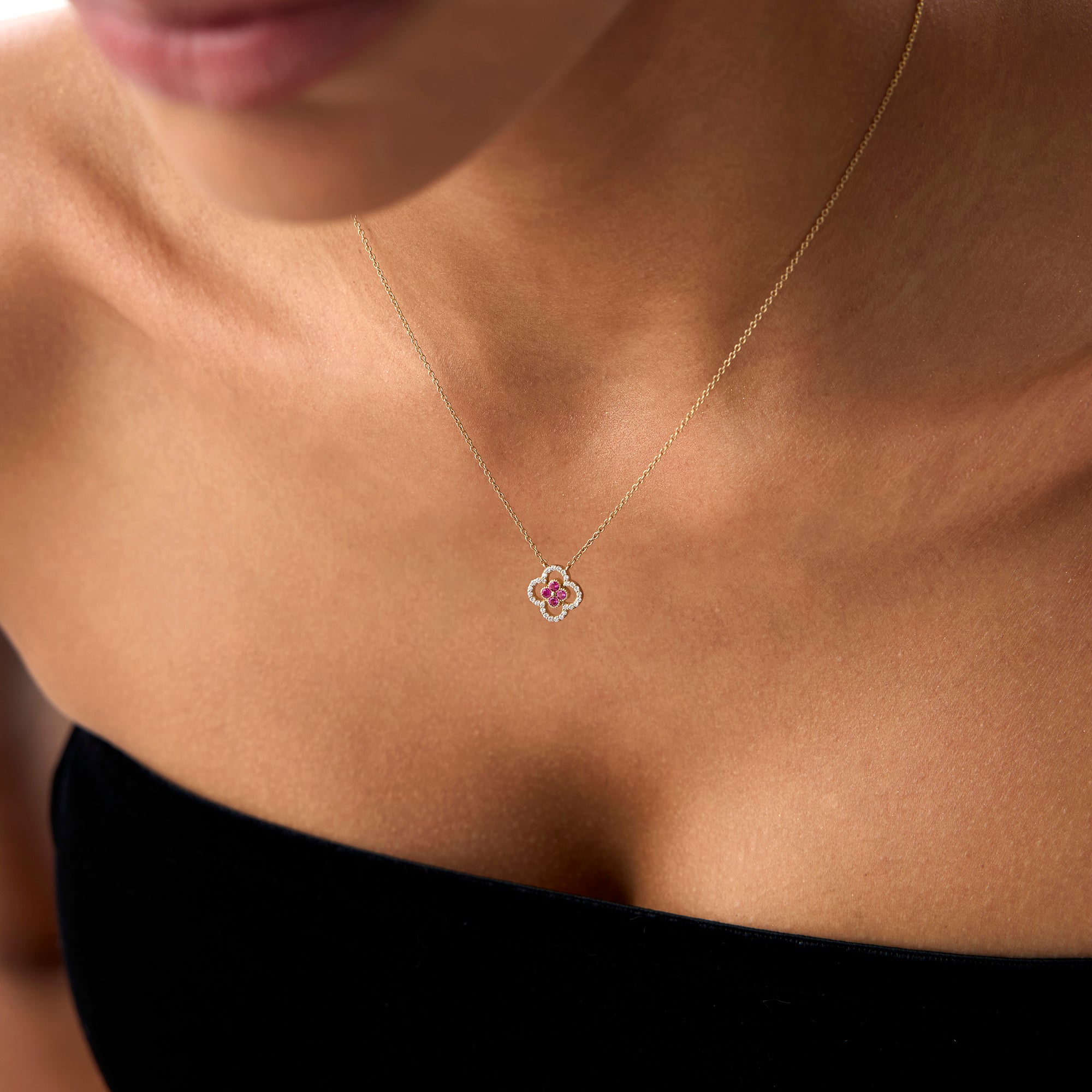 14k Ruby Clover Necklace in Halo Setting - GeumJewels