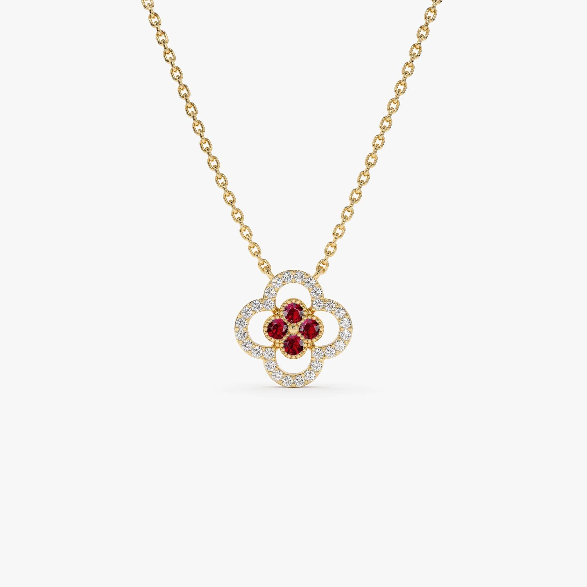 14k Ruby Clover Necklace in Halo Setting - GeumJewels