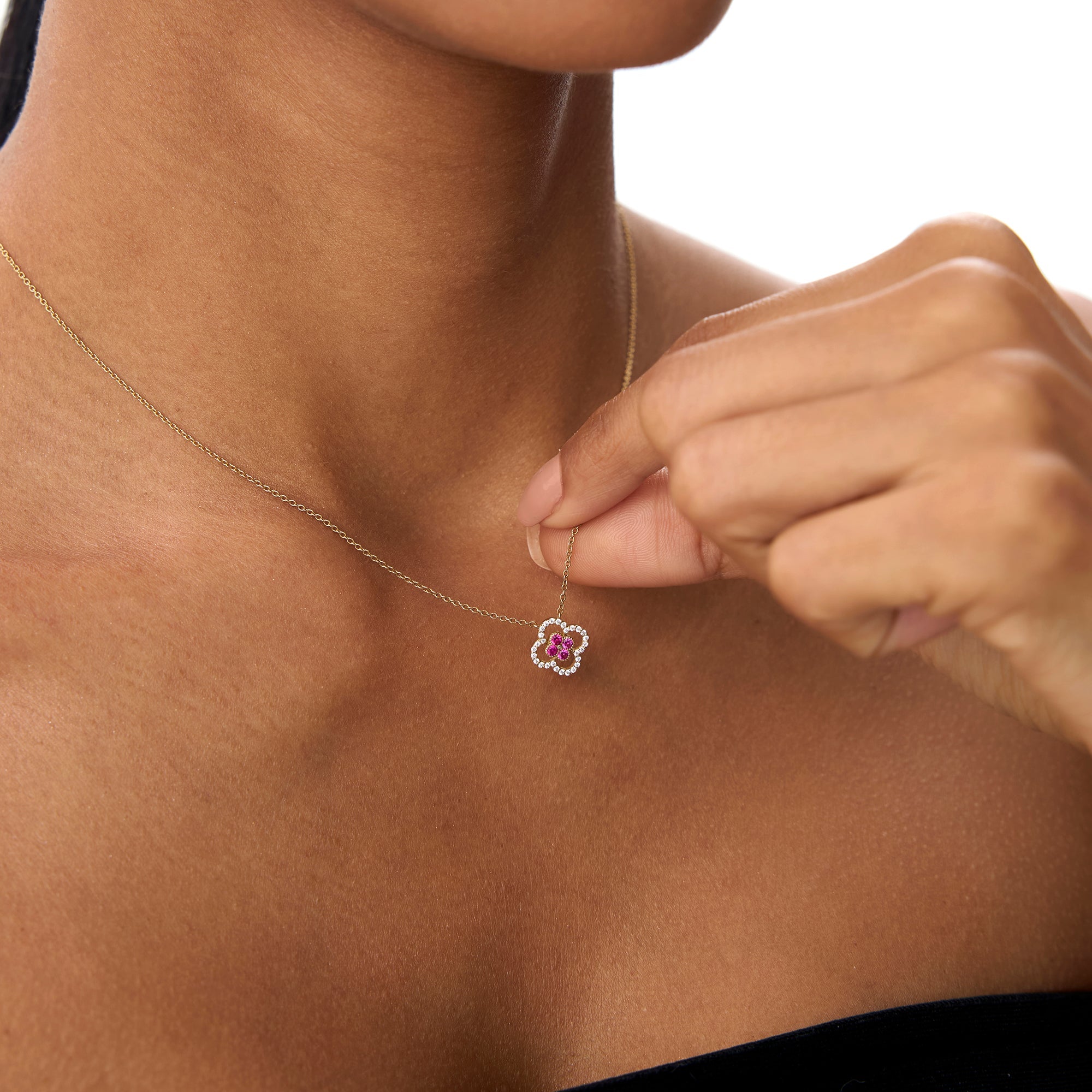 14k Ruby Clover Necklace in Halo Setting - GeumJewels