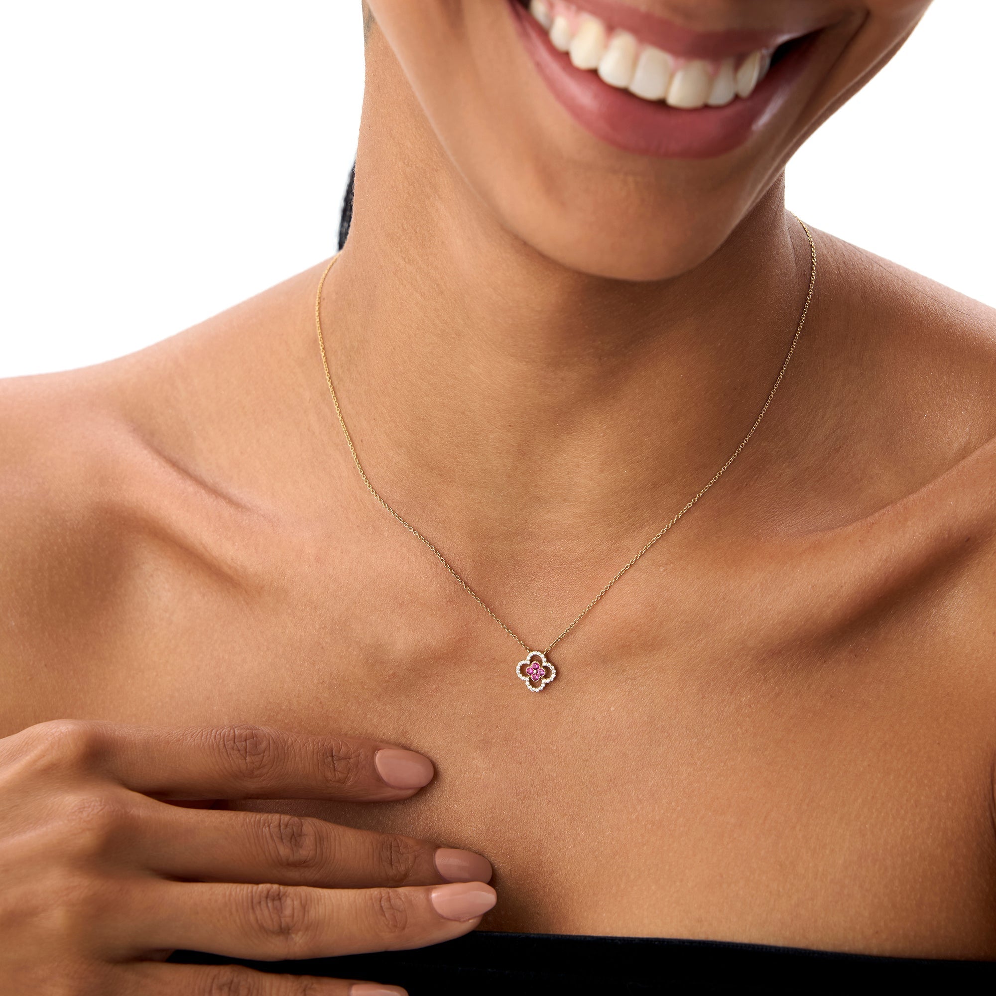 14k Ruby Clover Necklace in Halo Setting - GeumJewels