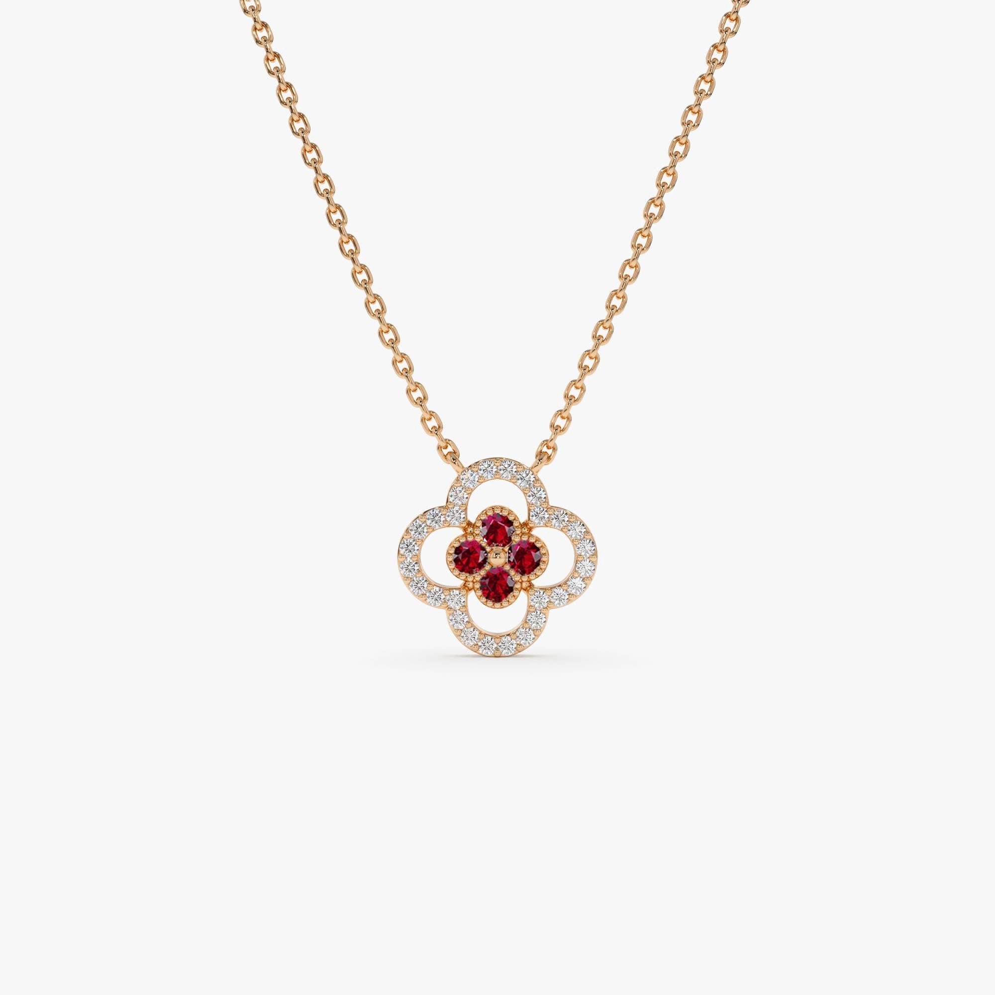 14k Ruby Clover Necklace in Halo Setting - GeumJewels