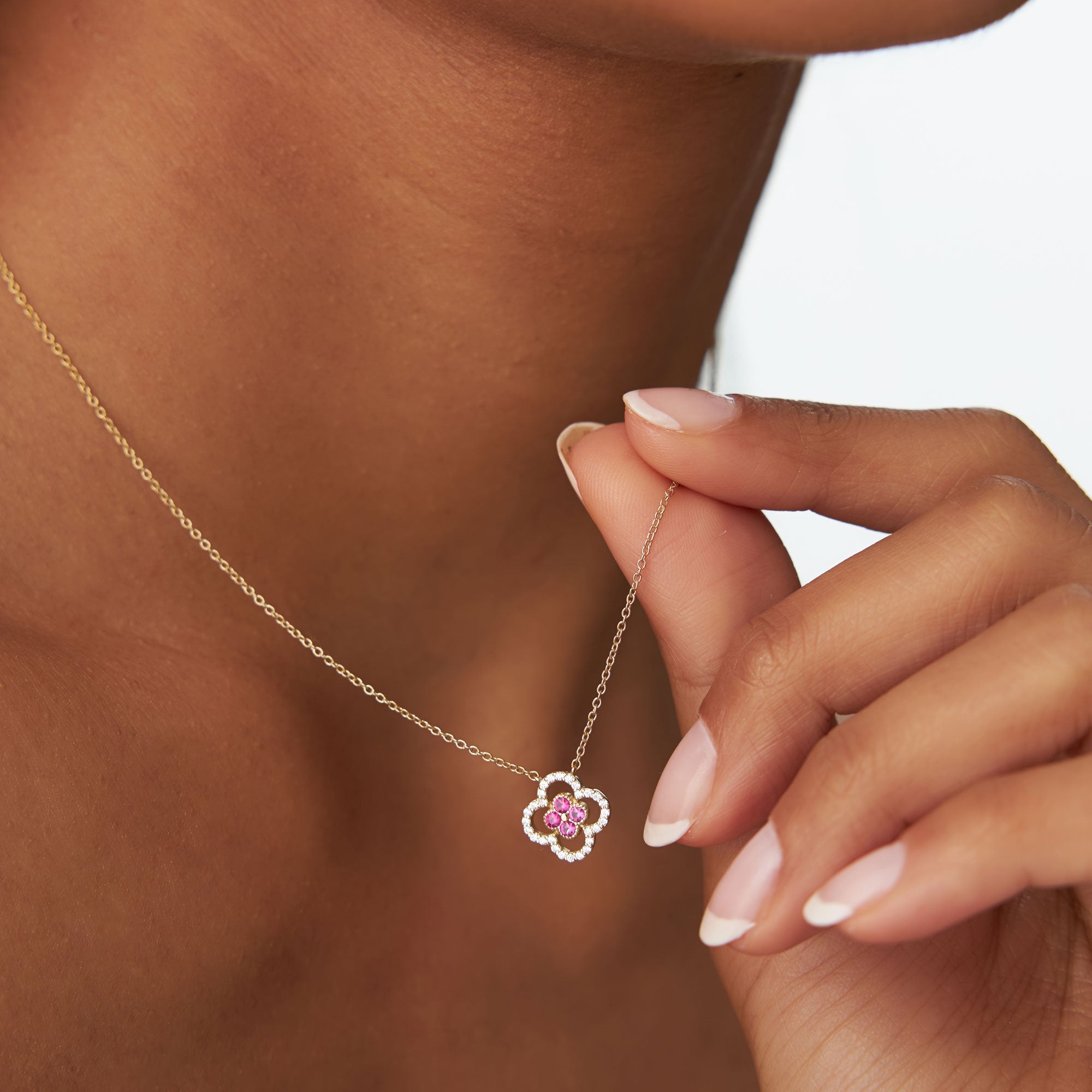14k Ruby Clover Necklace in Halo Setting - GeumJewels