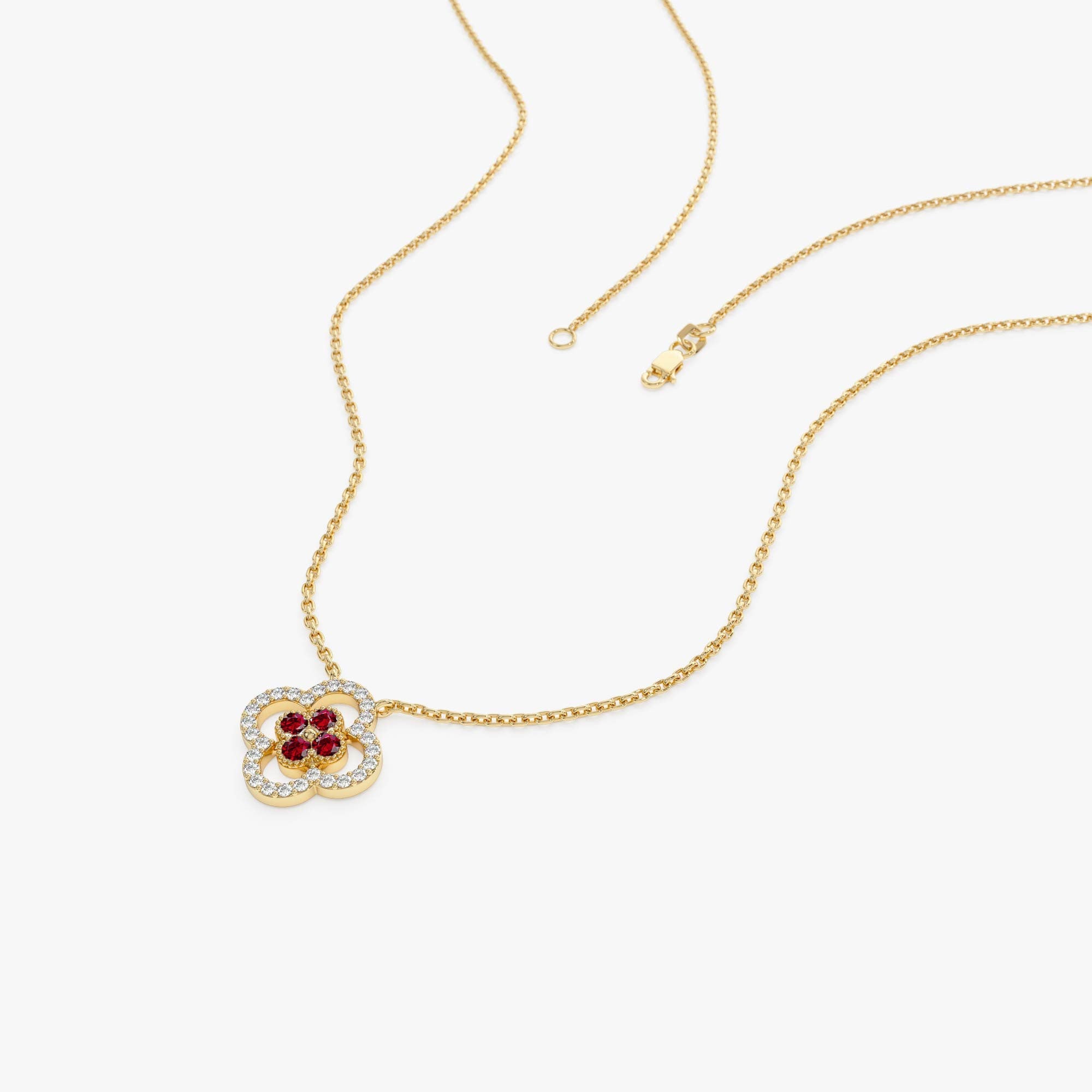 14k Ruby Clover Necklace in Halo Setting - GeumJewels