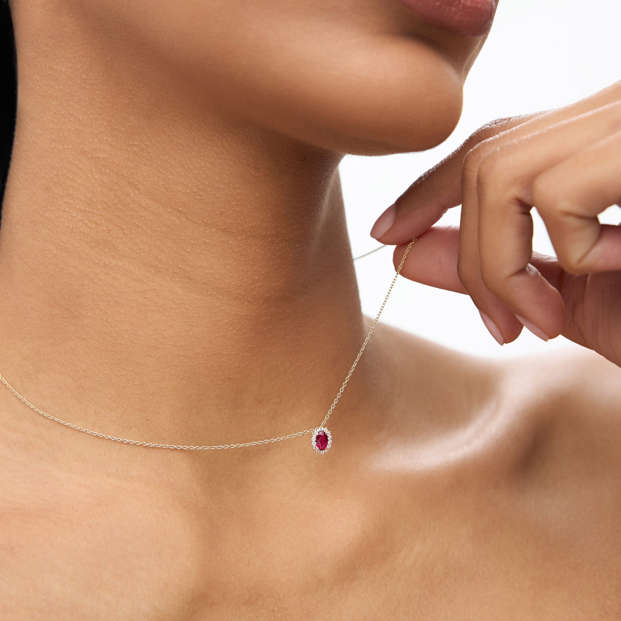 14k Ruby Necklace with Halo Diamonds - GeumJewels