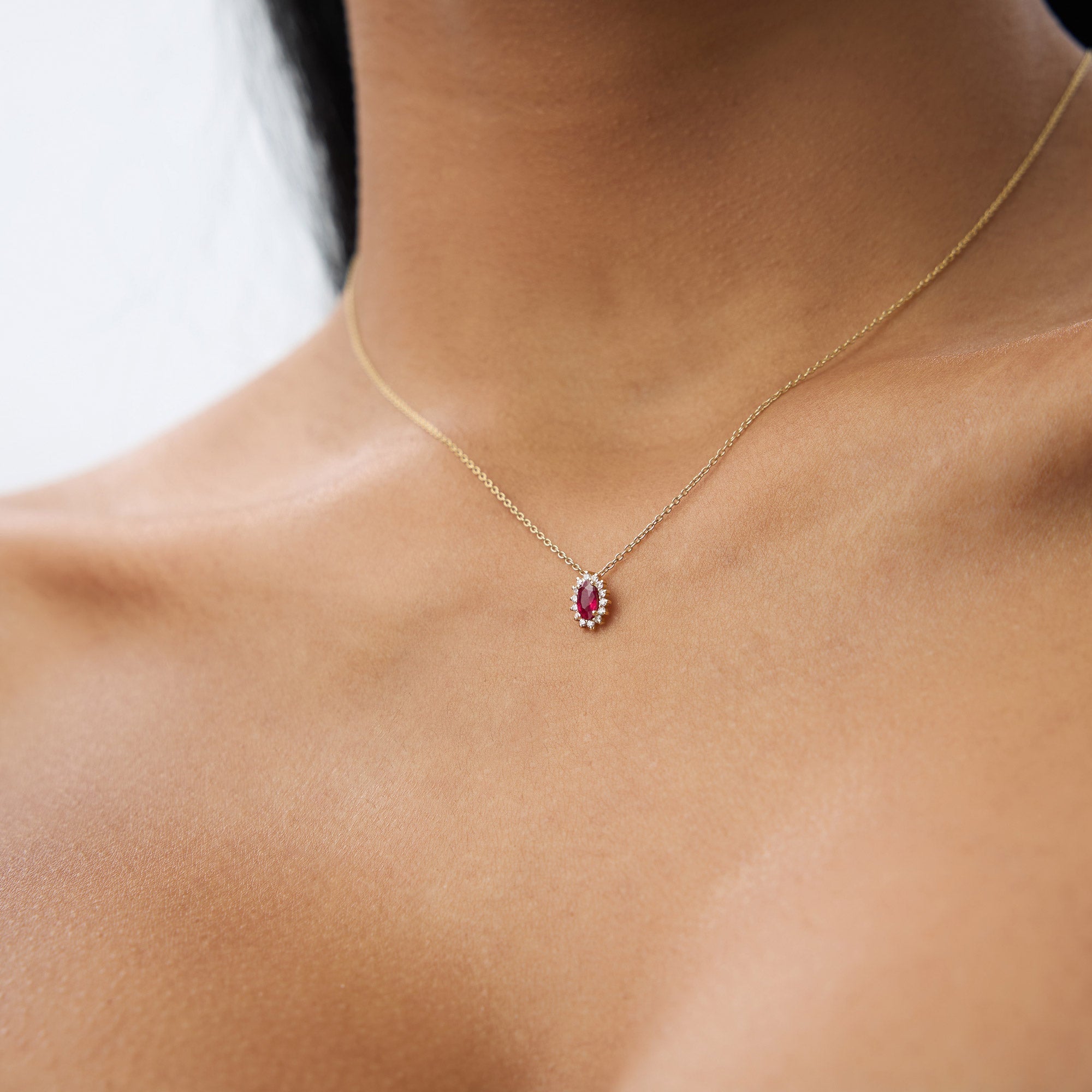 14k Ruby Necklace with Halo Diamonds - GeumJewels