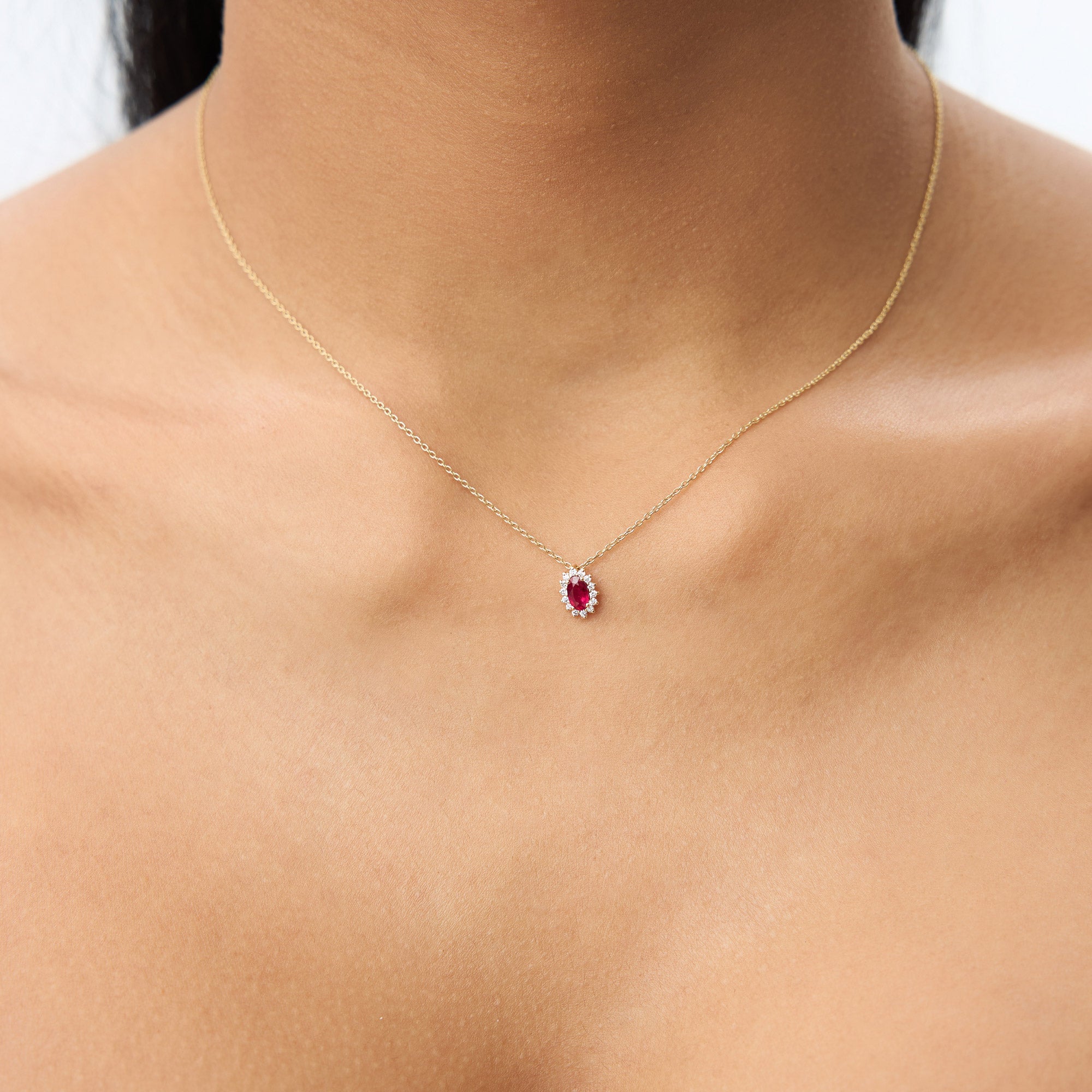 14k Ruby Necklace with Halo Diamonds - GeumJewels