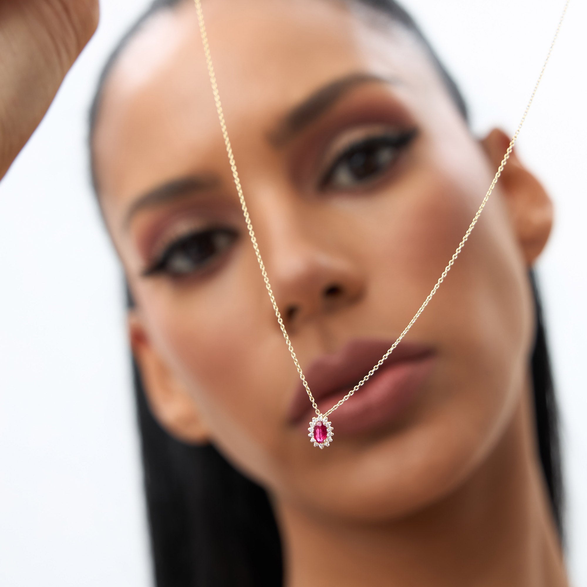14k Ruby Necklace with Halo Diamonds - GeumJewels