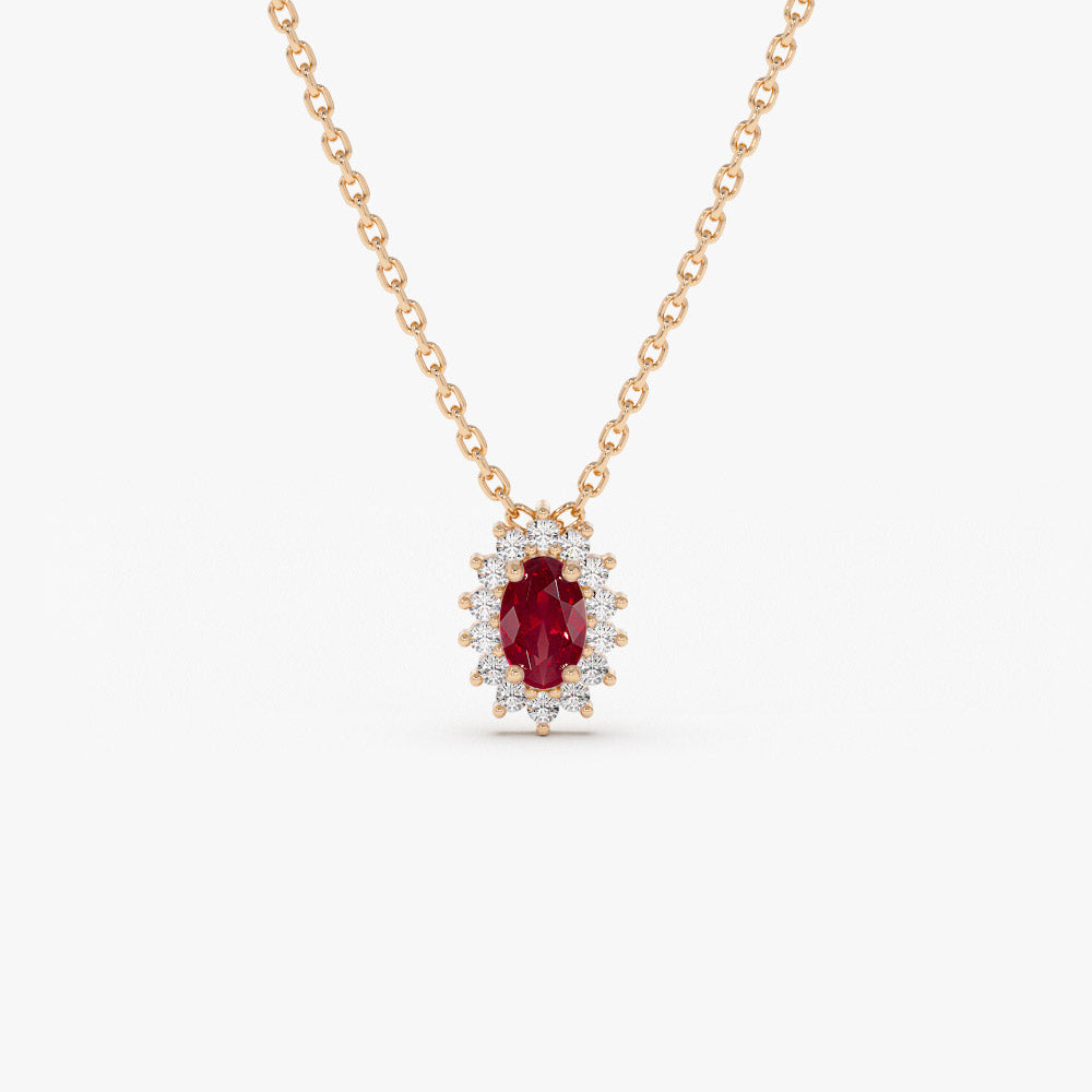 14k Ruby Necklace with Halo Diamonds - GeumJewels