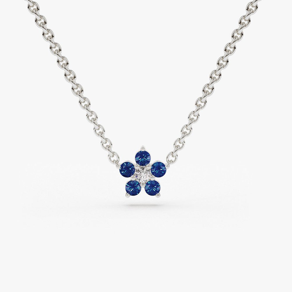 14k Sapphire and Diamond Flower Charm Necklace - GeumJewels