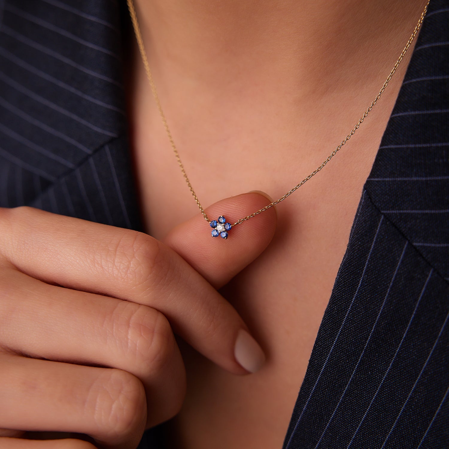 14k Sapphire and Diamond Flower Charm Necklace - GeumJewels