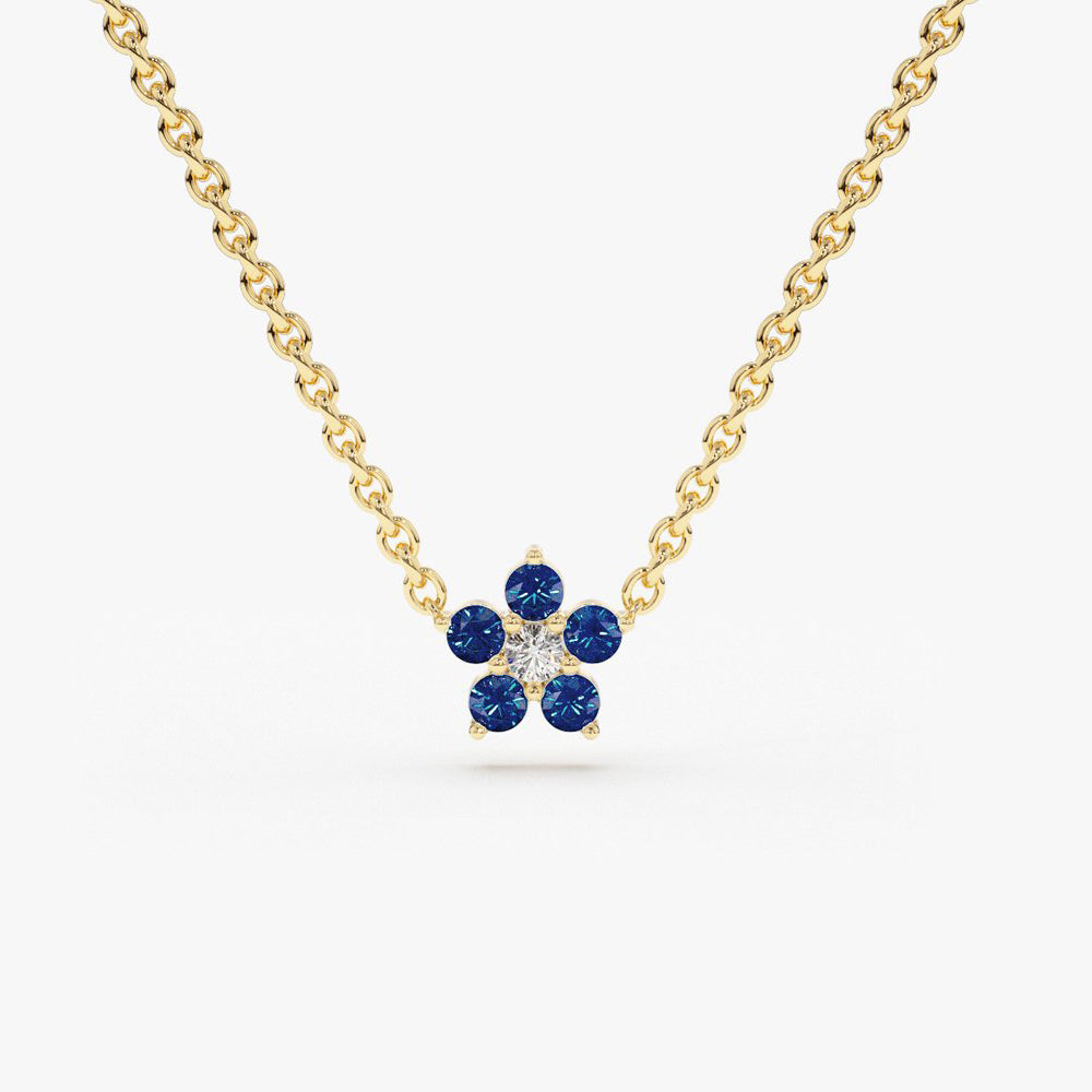 14k Sapphire and Diamond Flower Charm Necklace - GeumJewels