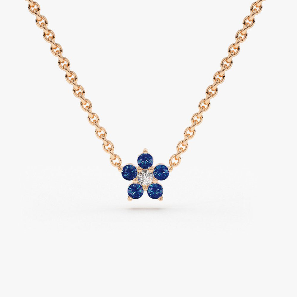 14k Sapphire and Diamond Flower Charm Necklace - GeumJewels