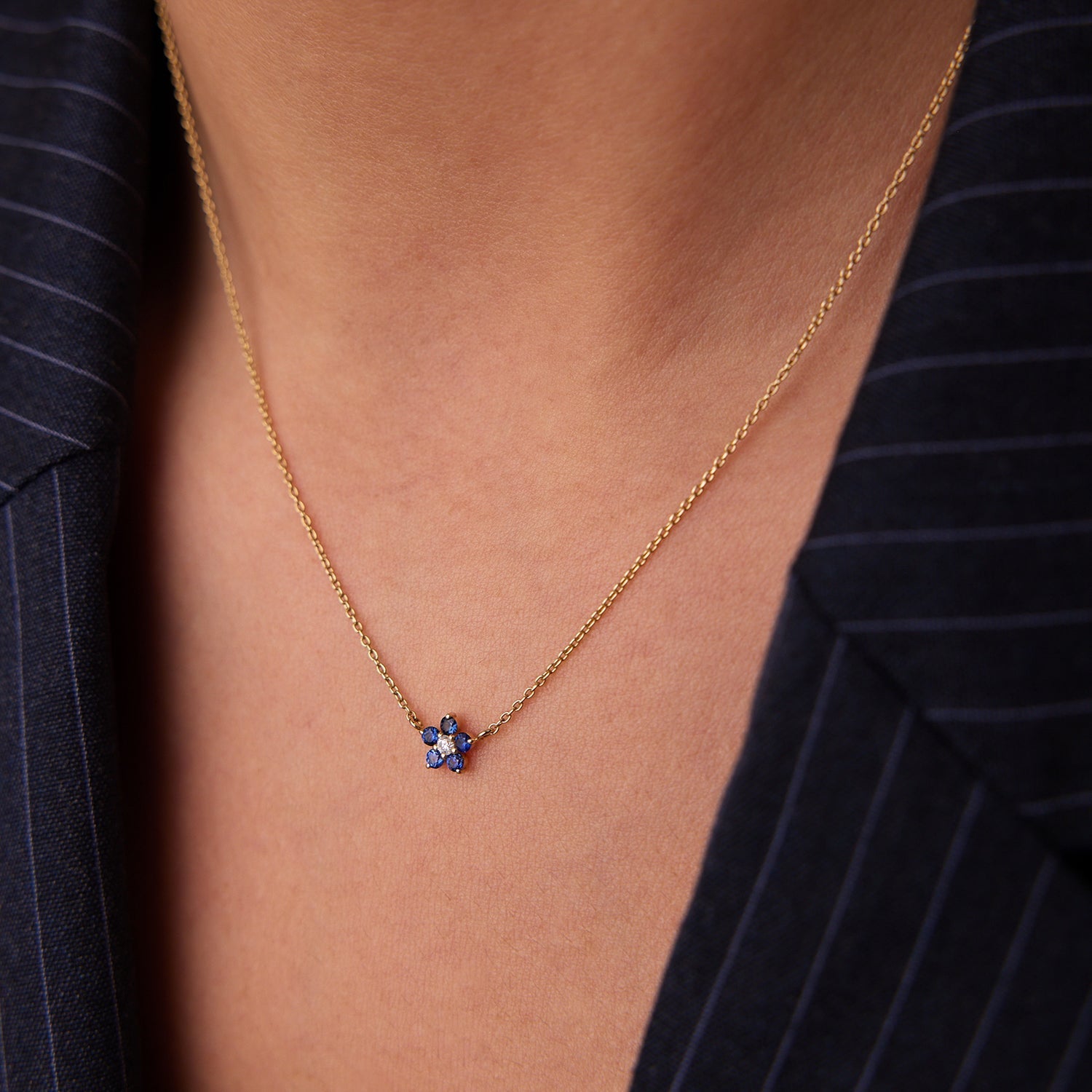 14k Sapphire and Diamond Flower Charm Necklace - GeumJewels