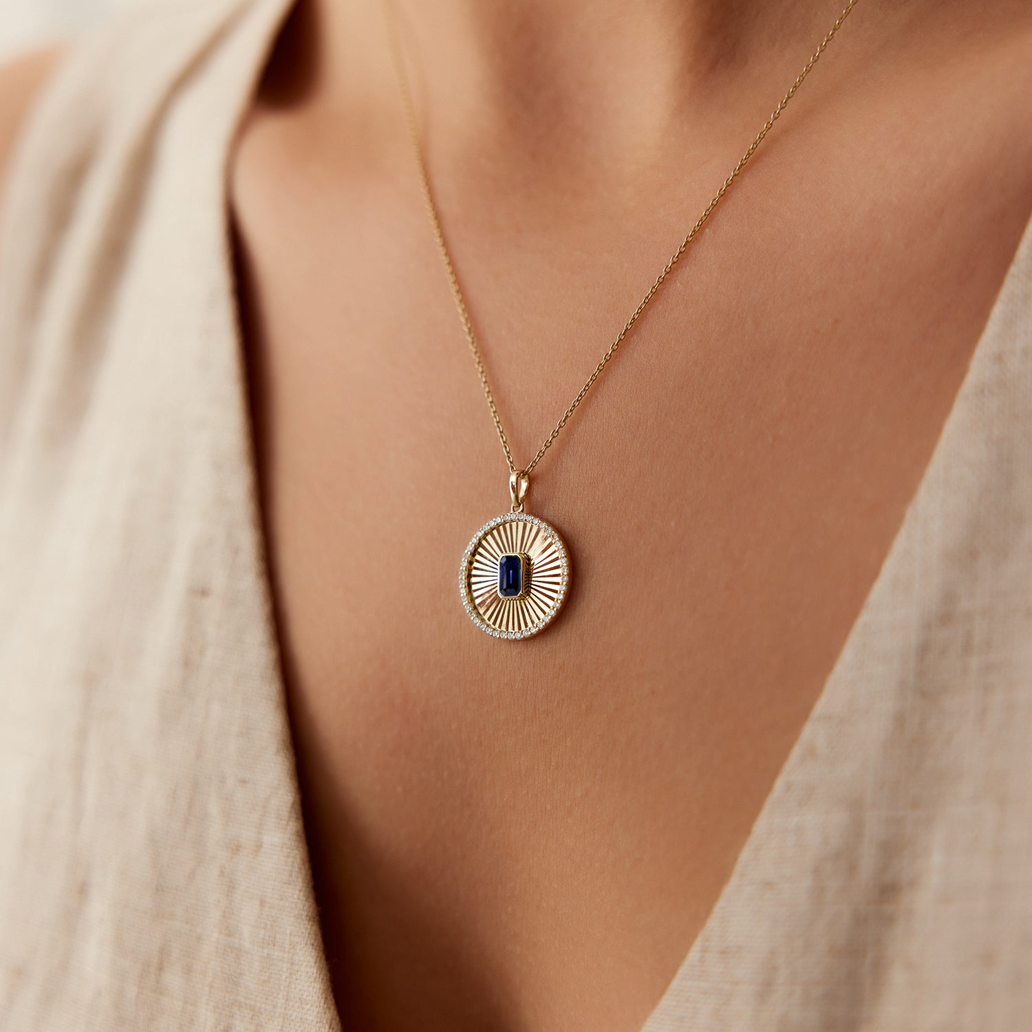 14K Sapphire and Diamond Medallion Necklace - GeumJewels