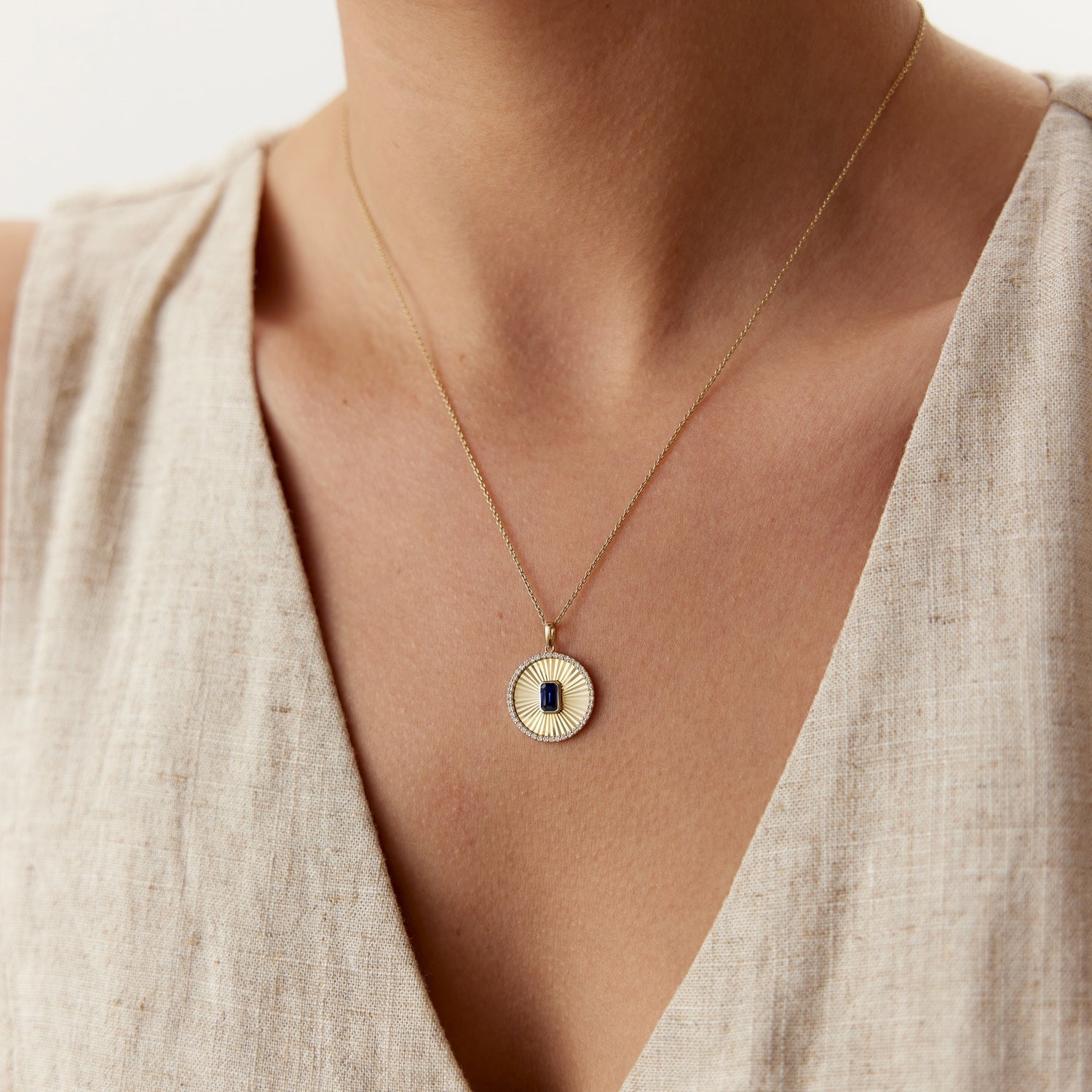 14K Sapphire and Diamond Medallion Necklace - GeumJewels