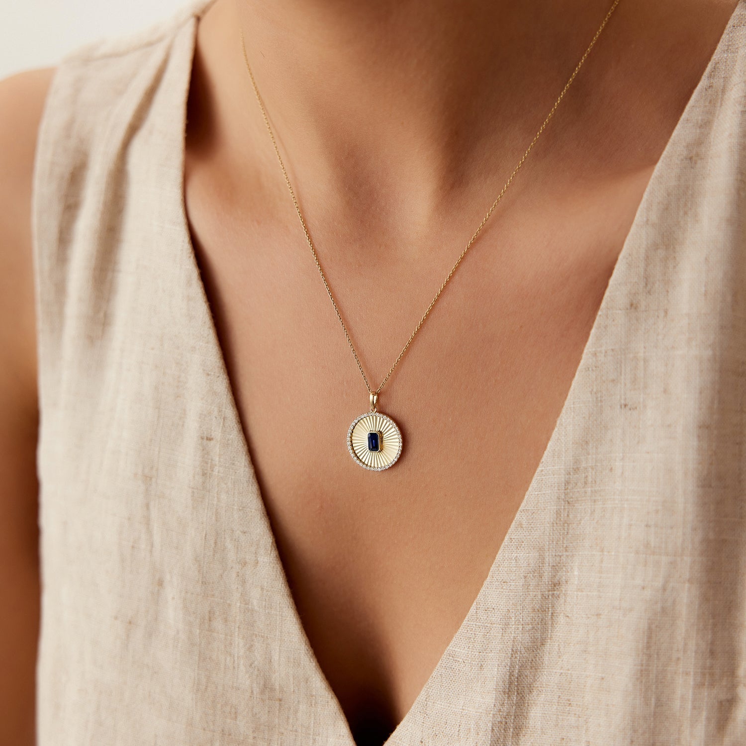 14K Sapphire and Diamond Medallion Necklace - GeumJewels