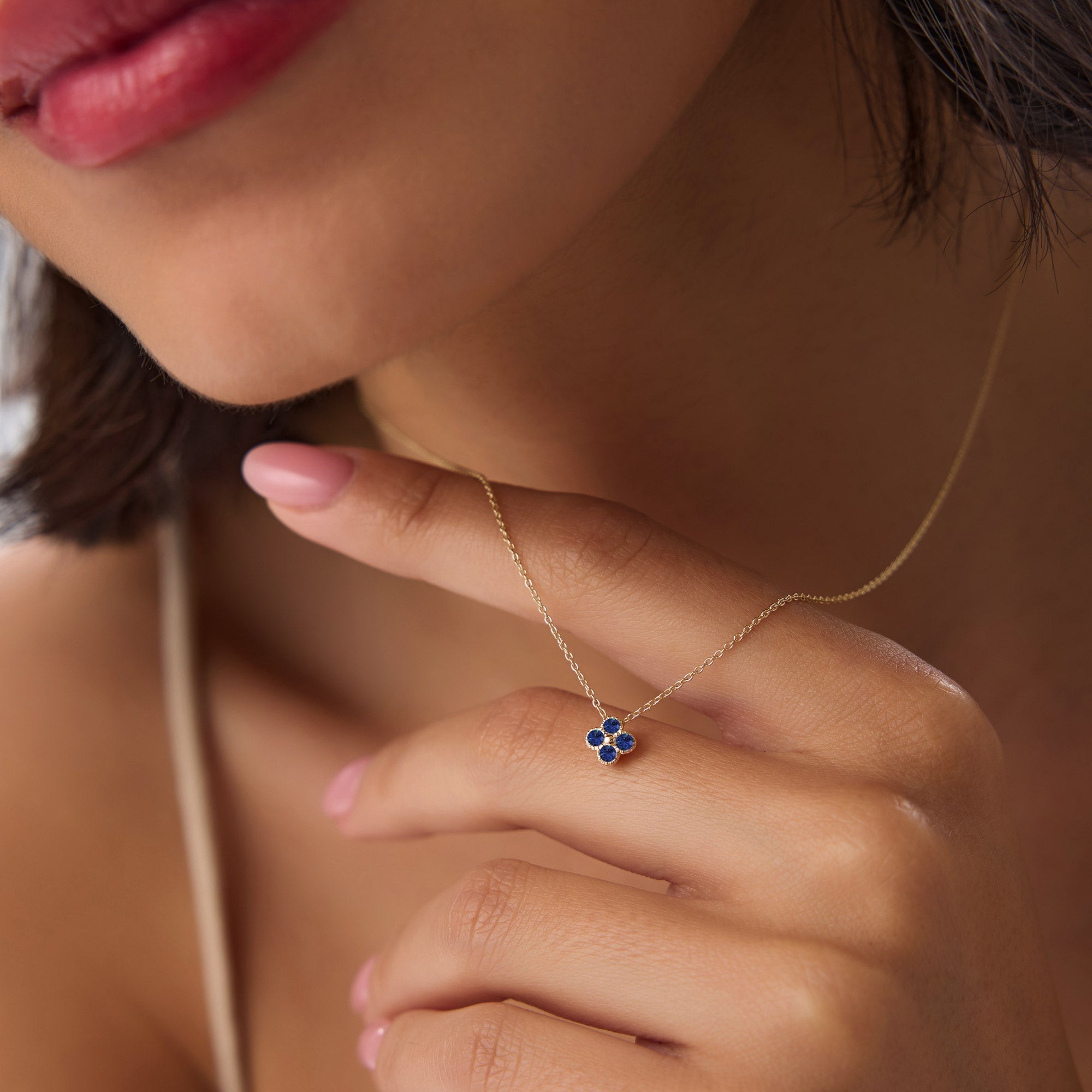 14k Sapphire Clover Beaded Necklace - GeumJewels