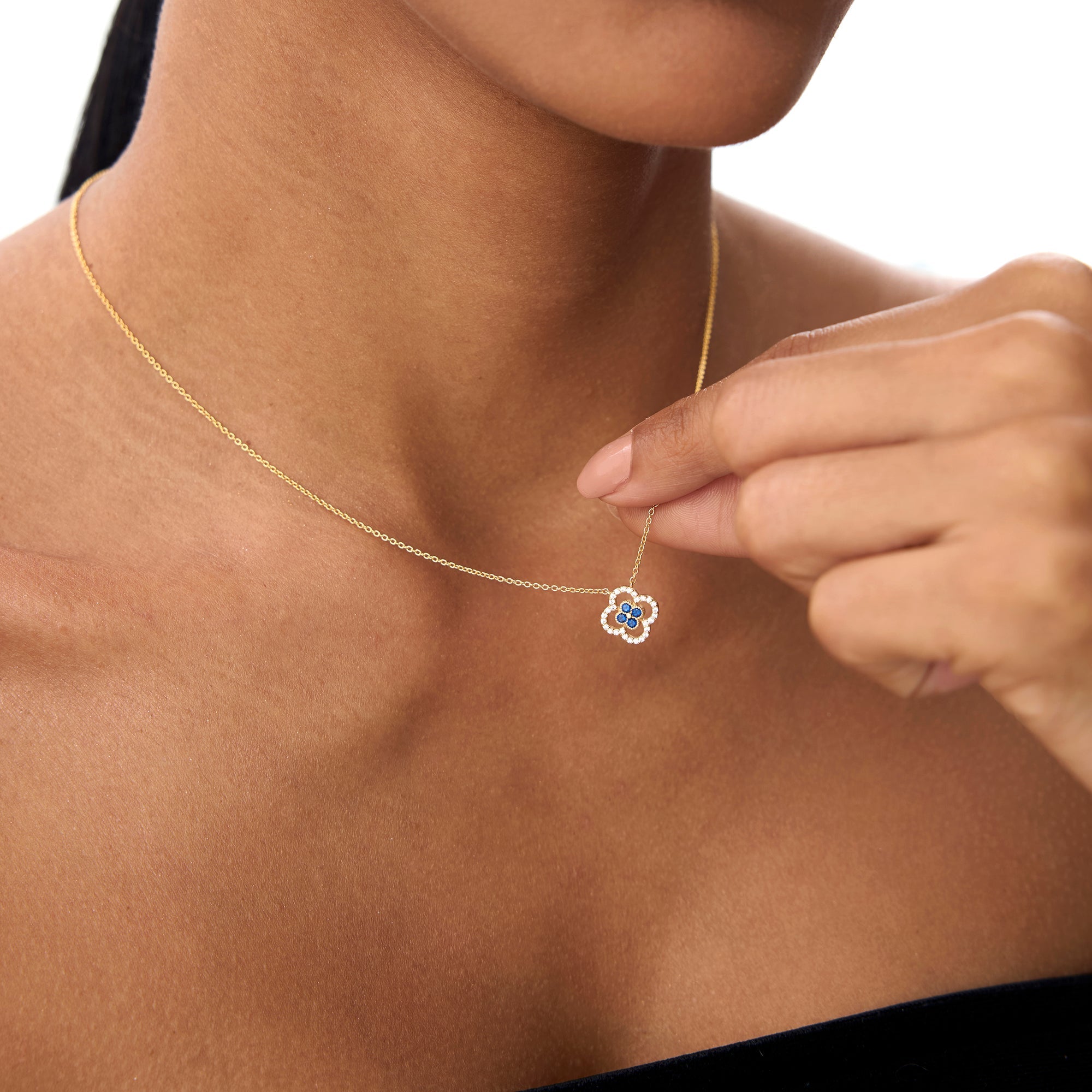 14k Sapphire Clover Necklace in Halo Setting - GeumJewels