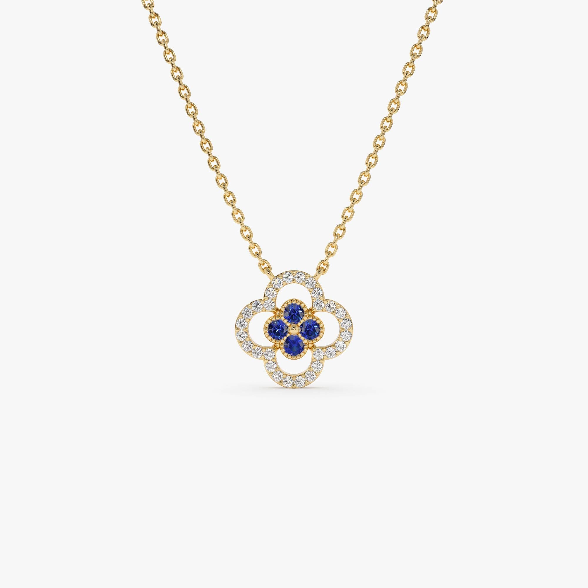 14k Sapphire Clover Necklace in Halo Setting - GeumJewels