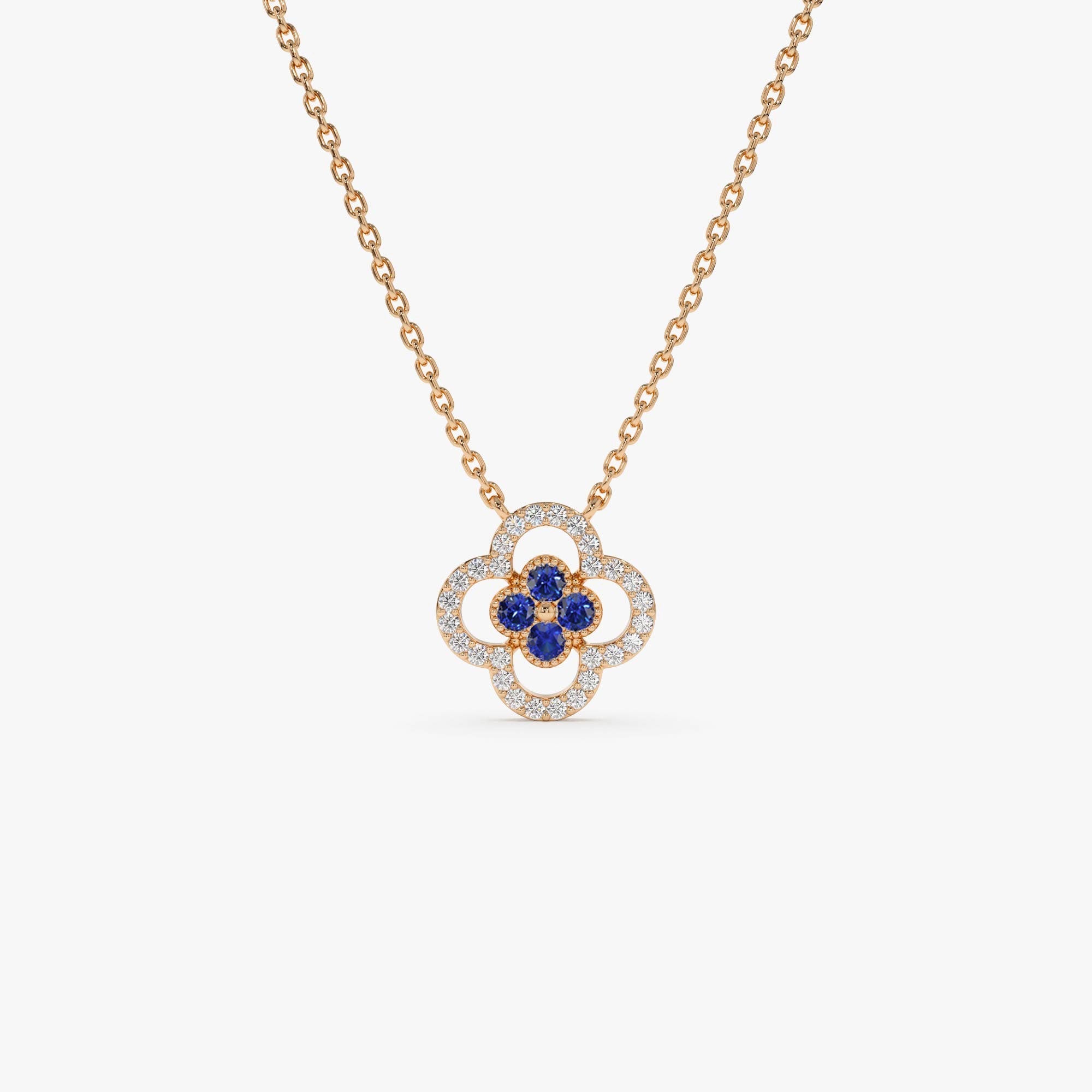 14k Sapphire Clover Necklace in Halo Setting - GeumJewels