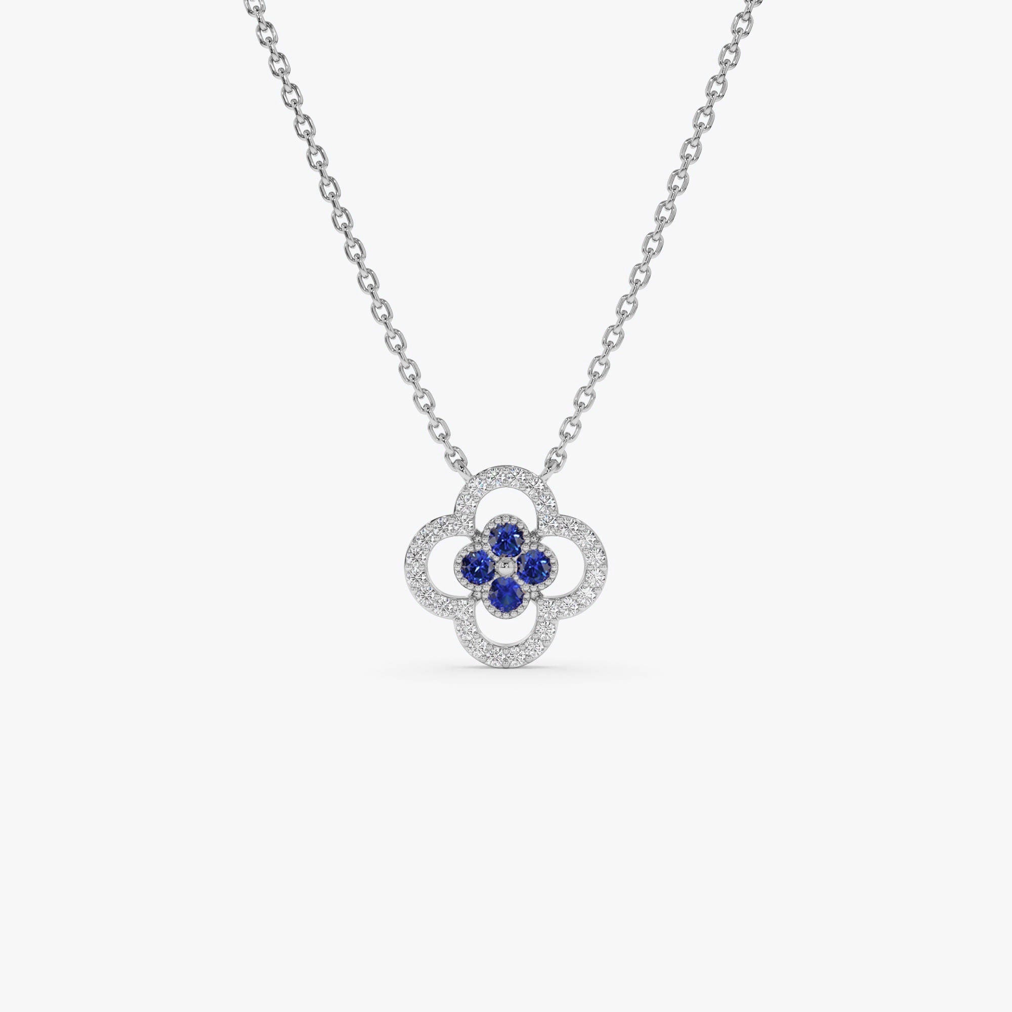14k Sapphire Clover Necklace in Halo Setting - GeumJewels