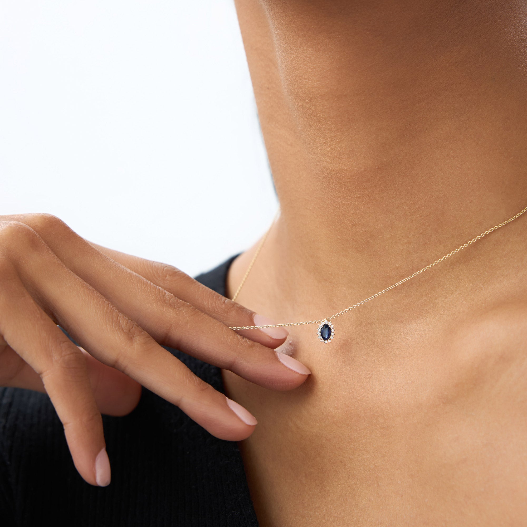 14k Sapphire Necklace with Halo Diamonds Necklace - GeumJewels