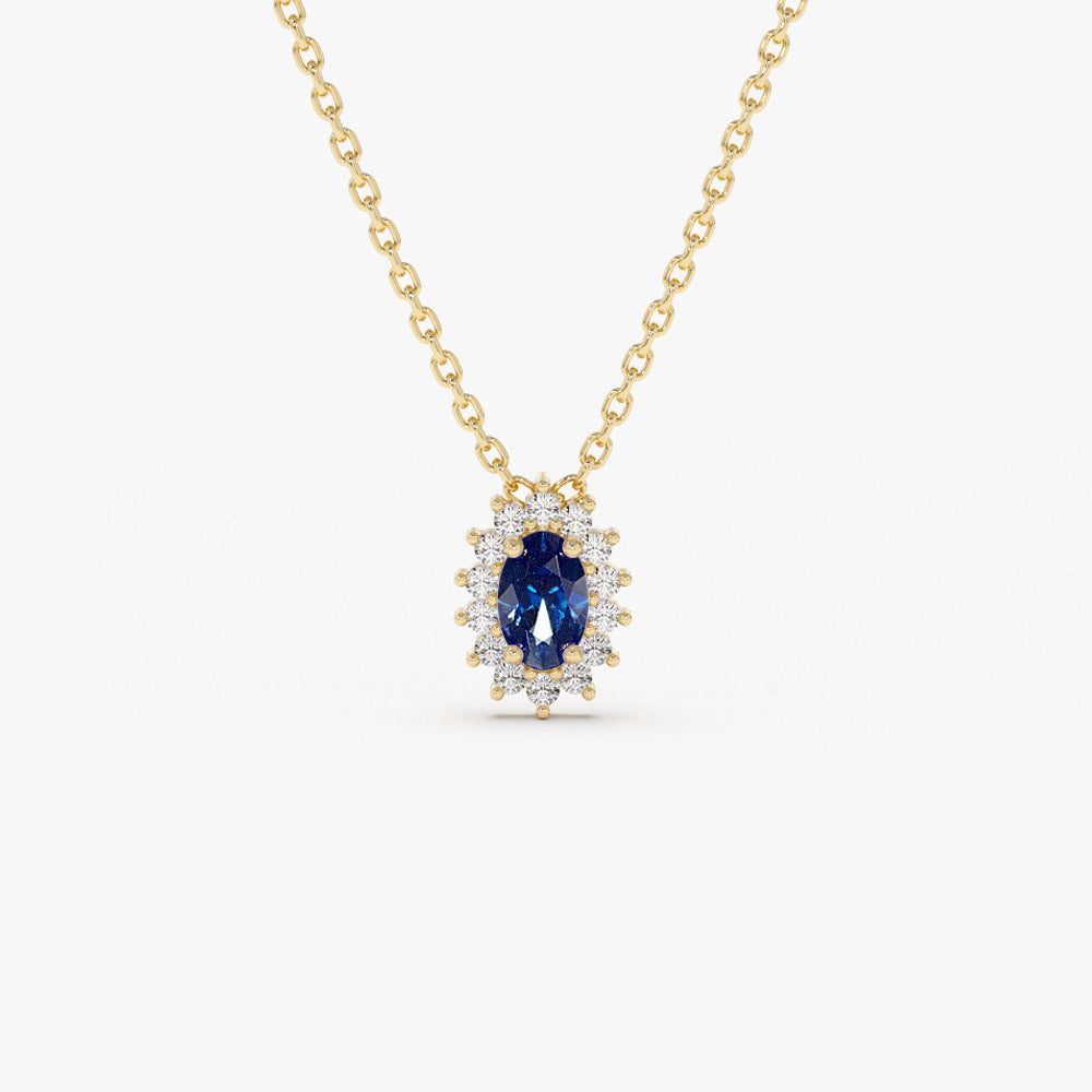 14k Sapphire Necklace with Halo Diamonds Necklace - GeumJewels