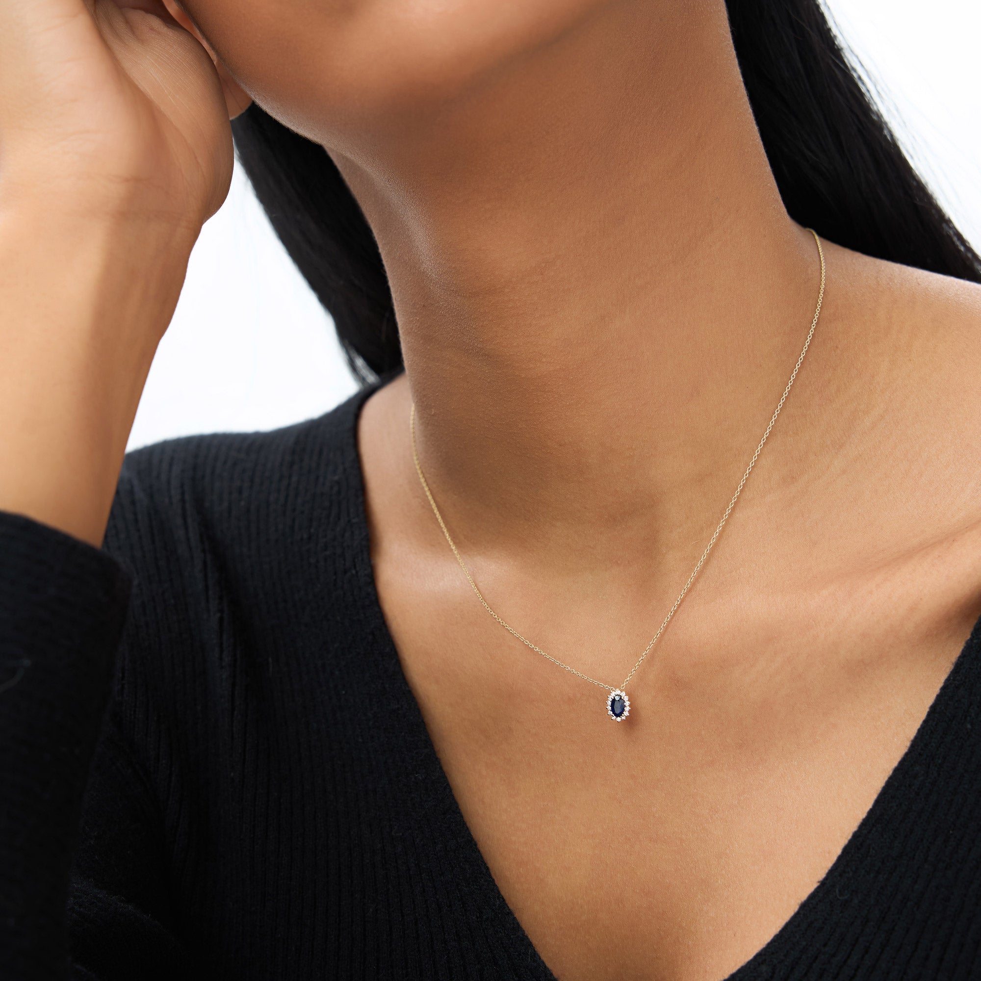 14k Sapphire Necklace with Halo Diamonds Necklace - GeumJewels