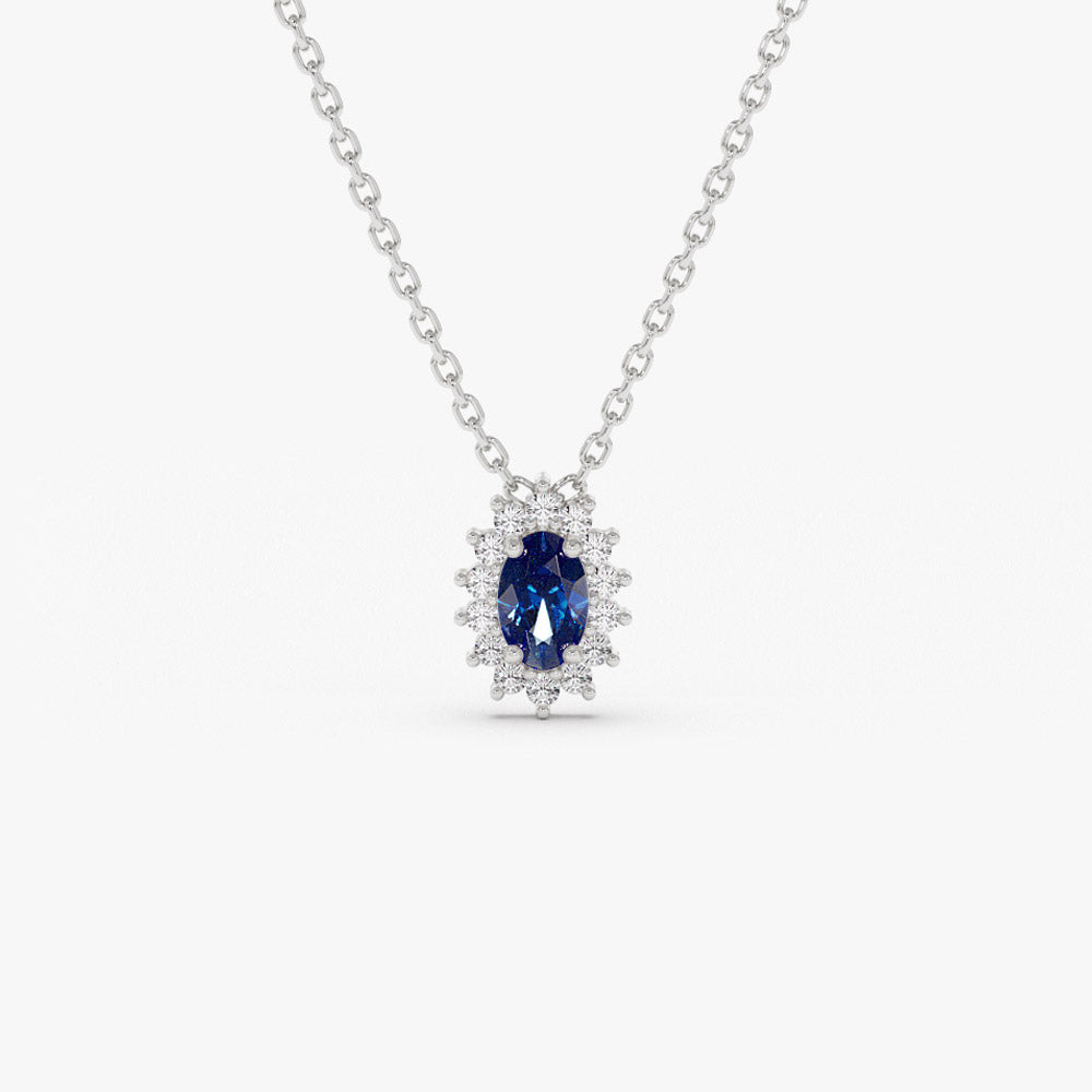 14k Sapphire Necklace with Halo Diamonds Necklace - GeumJewels