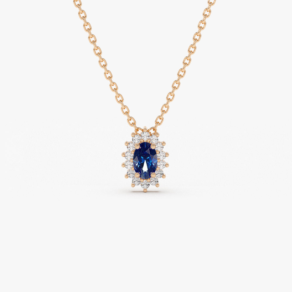 14k Sapphire Necklace with Halo Diamonds Necklace - GeumJewels