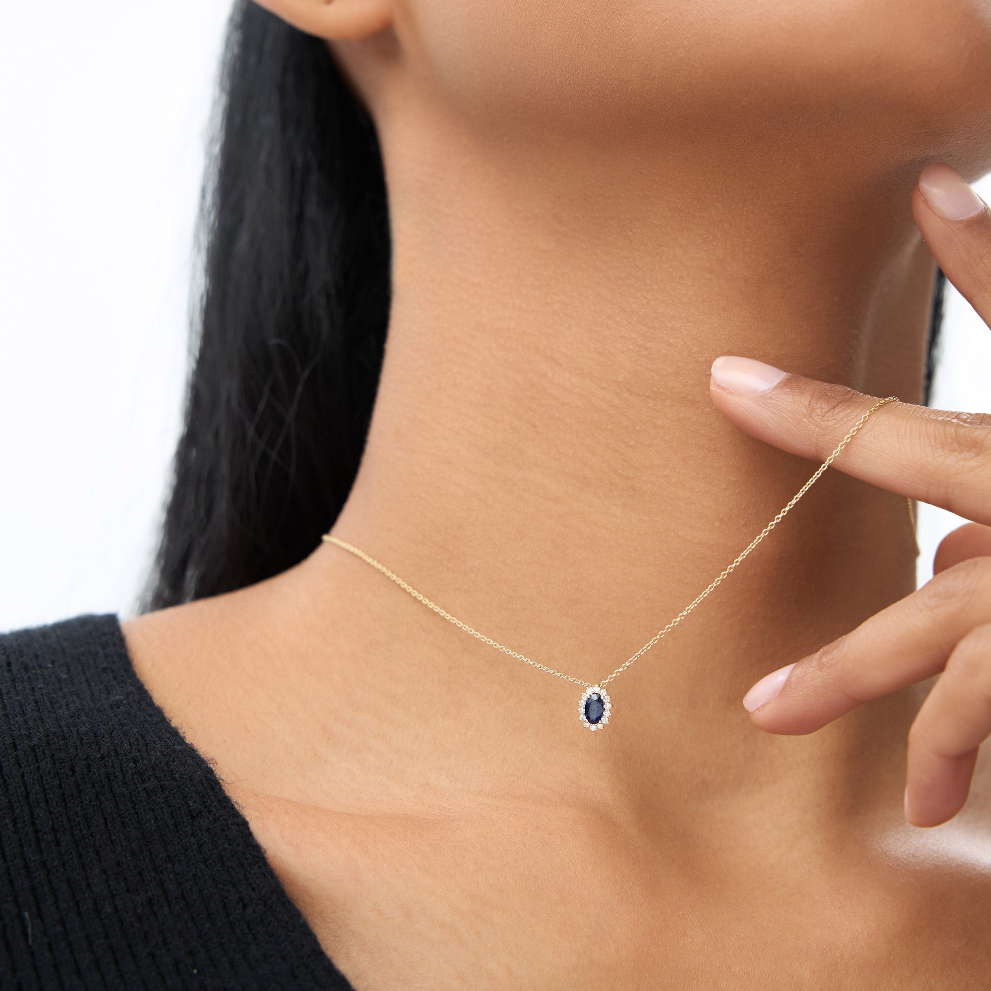 14k Sapphire Necklace with Halo Diamonds Necklace - GeumJewels