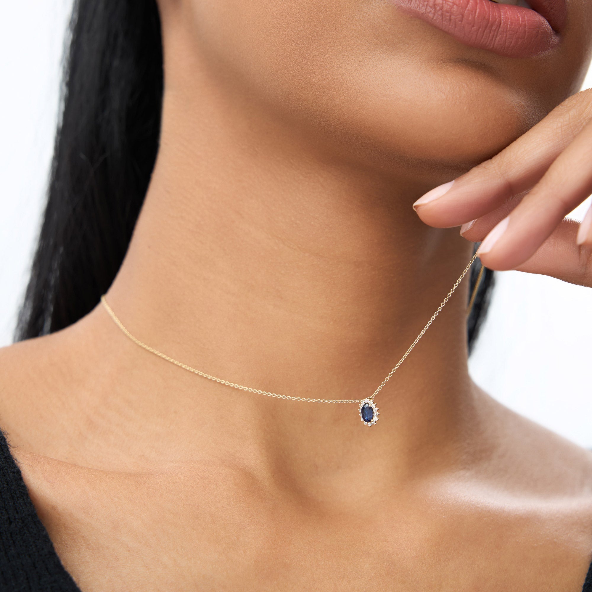 14k Sapphire Necklace with Halo Diamonds Necklace - GeumJewels