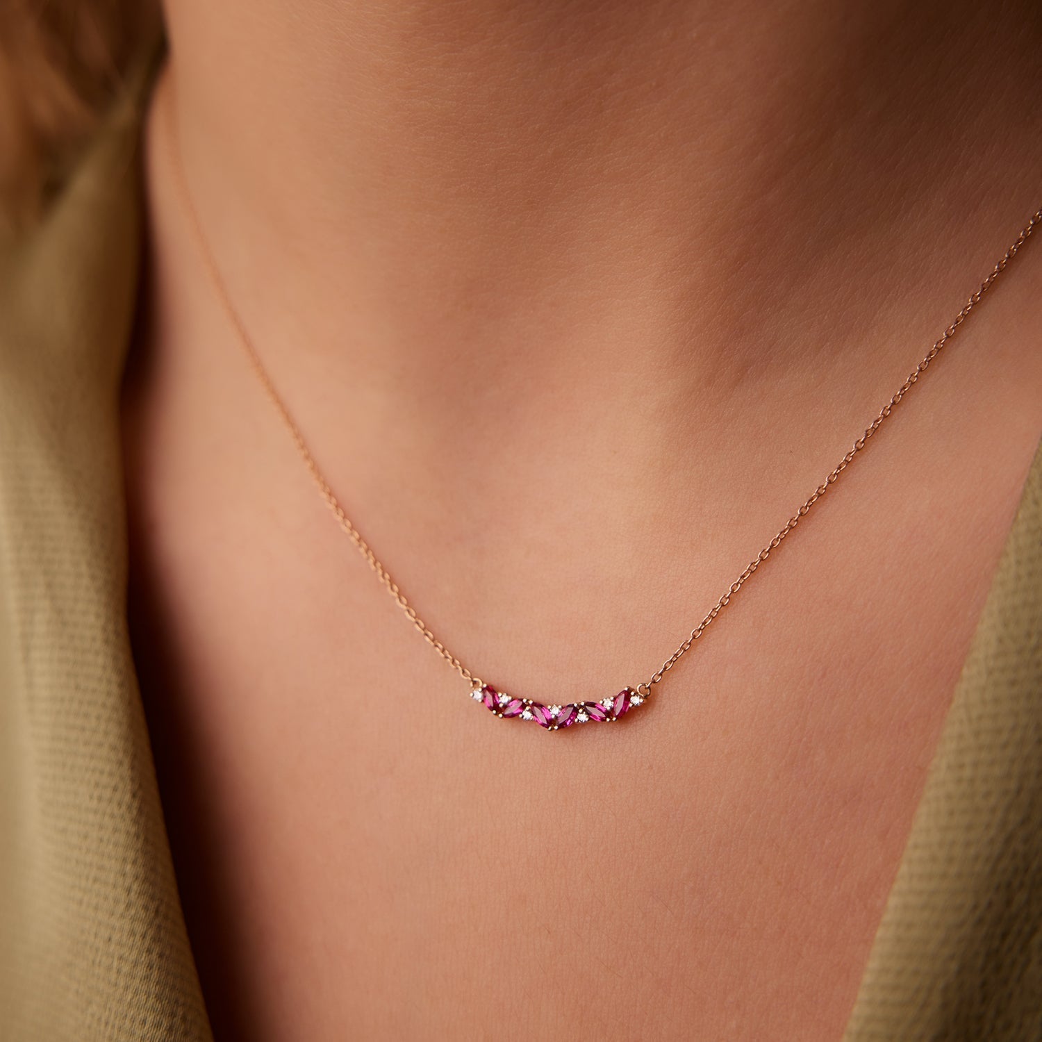 14K Slanted Ruby and Round Diamond Necklace - GeumJewels