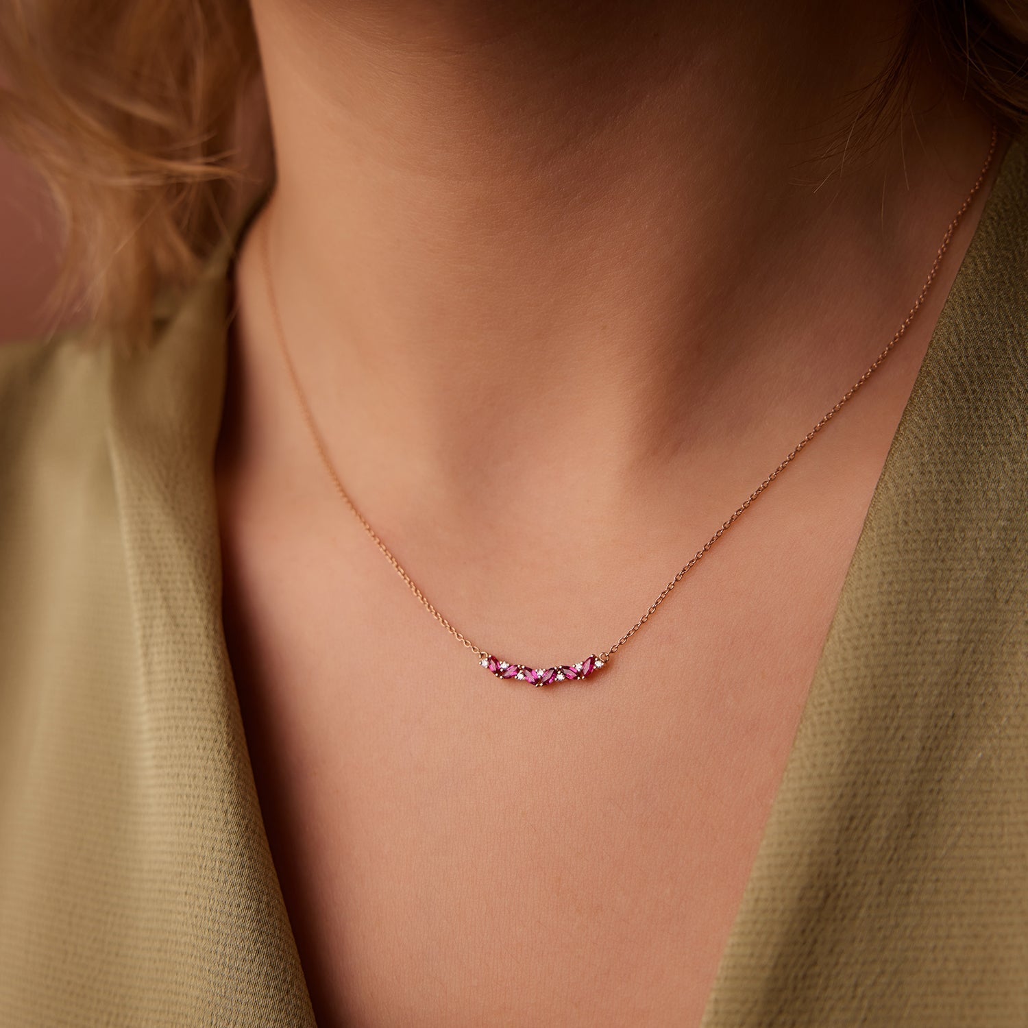 14K Slanted Ruby and Round Diamond Necklace - GeumJewels