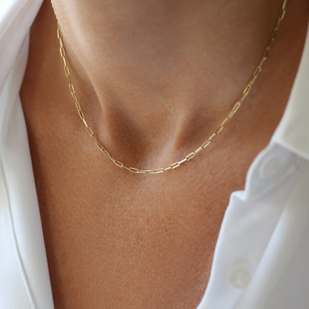 14k Solid Gold Tiny Paper Clip Link Necklace - GeumJewels