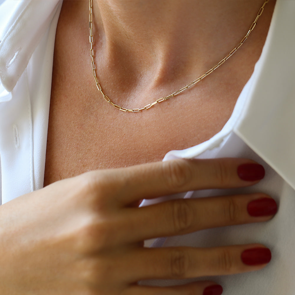 14k Solid Gold Tiny Paper Clip Link Necklace - GeumJewels