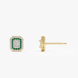 14k Baguette and Round Emerald Studs Halo Setting - GeumJewels
