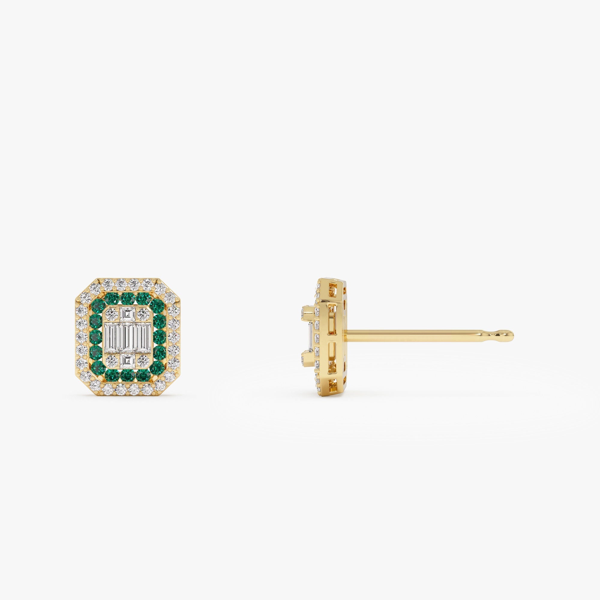 14k Baguette and Round Emerald Studs Halo Setting - GeumJewels