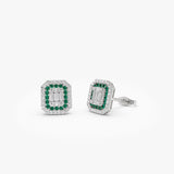 14k Baguette and Round Emerald Studs Halo Setting - GeumJewels