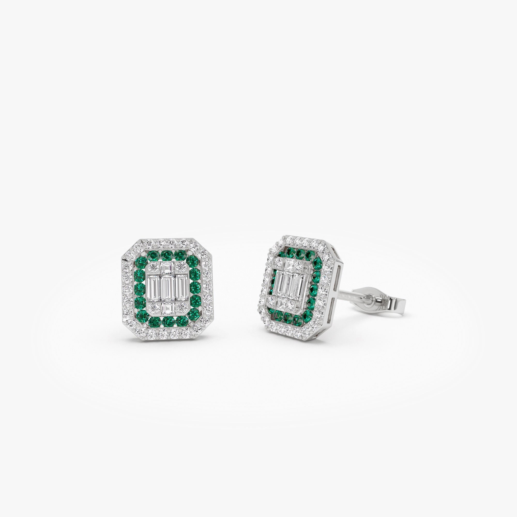 14k Baguette and Round Emerald Studs Halo Setting - GeumJewels