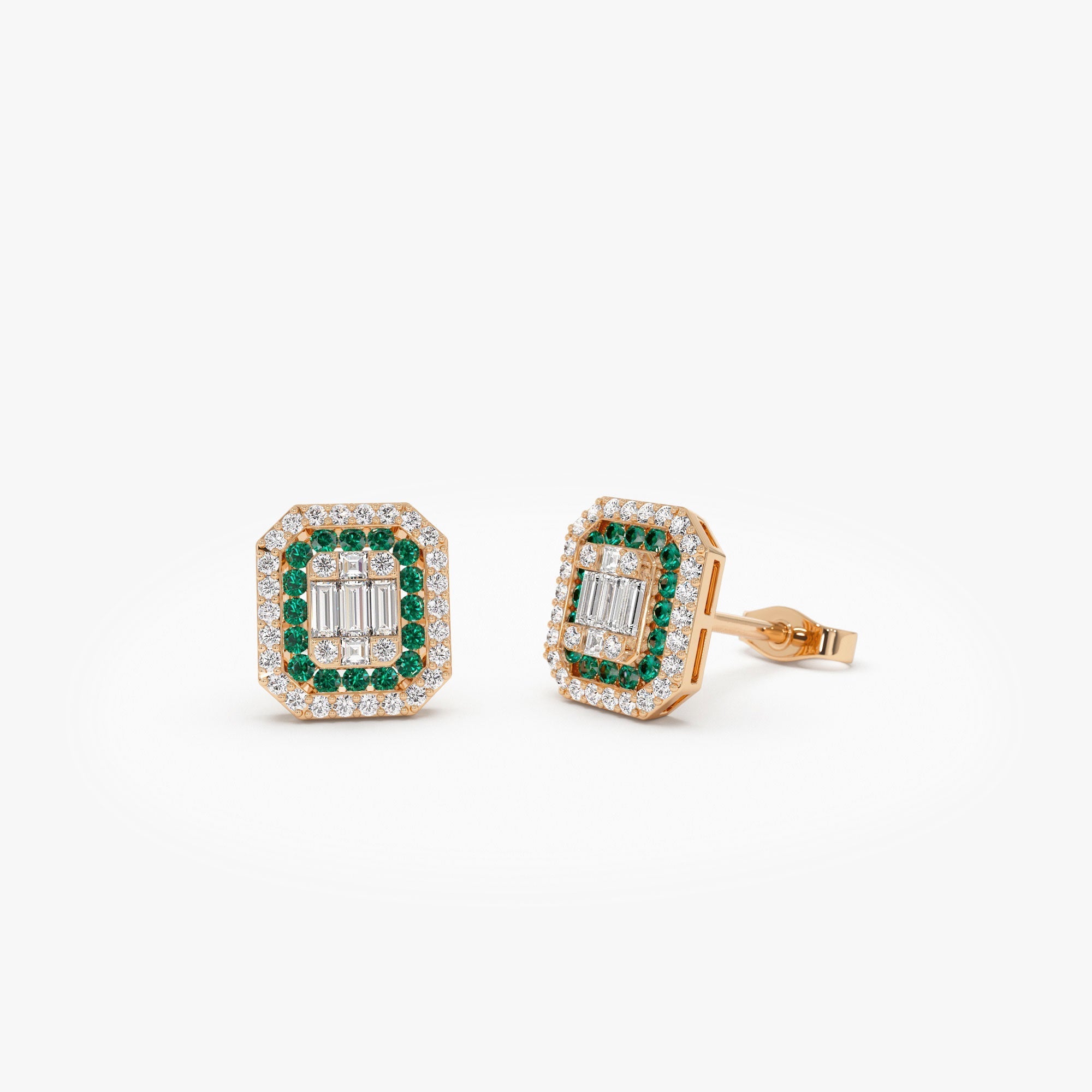 14k Baguette and Round Emerald Studs Halo Setting - GeumJewels