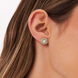 14k Baguette and Round Emerald Studs Halo Setting - GeumJewels
