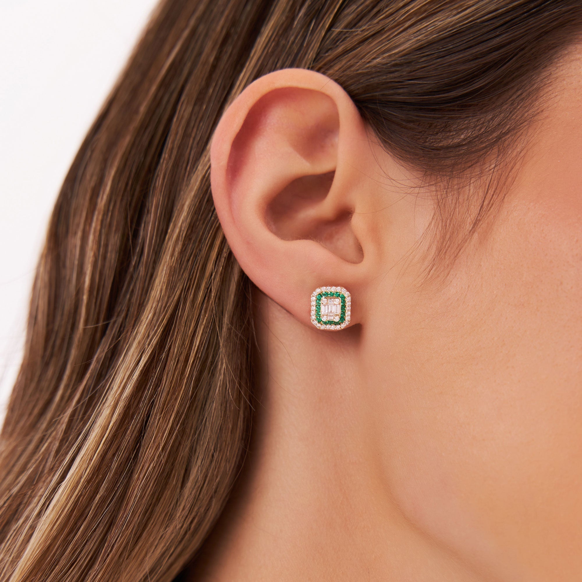 14k Baguette and Round Emerald Studs Halo Setting - GeumJewels