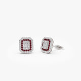 14k Baguette and Round Ruby Studs Halo Setting - GeumJewels