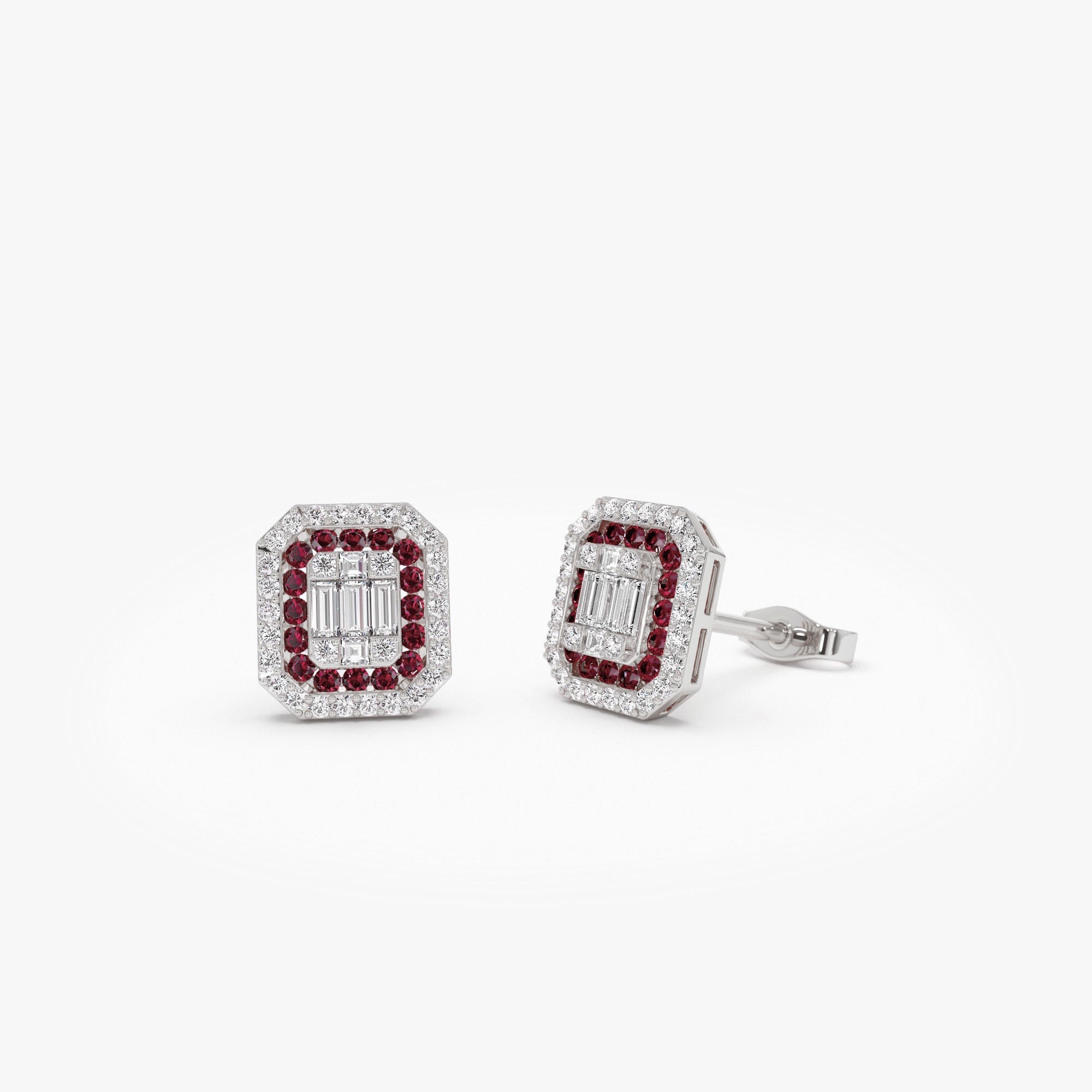14k Baguette and Round Ruby Studs Halo Setting - GeumJewels