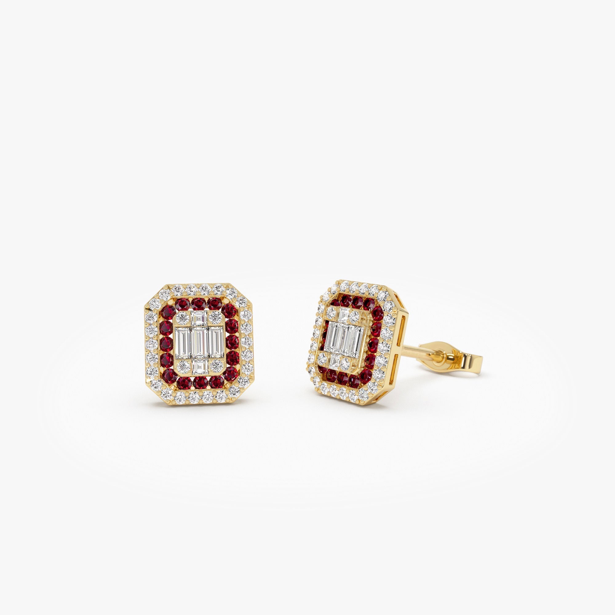14k Baguette and Round Ruby Studs Halo Setting - GeumJewels