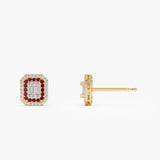 14k Baguette and Round Ruby Studs Halo Setting - GeumJewels