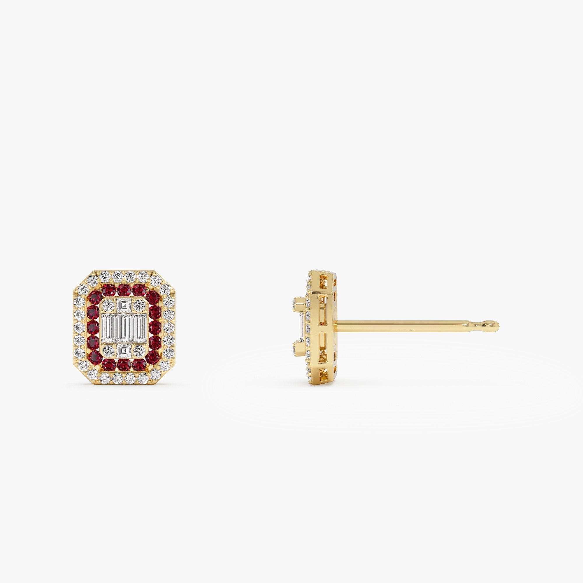 14k Baguette and Round Ruby Studs Halo Setting - GeumJewels