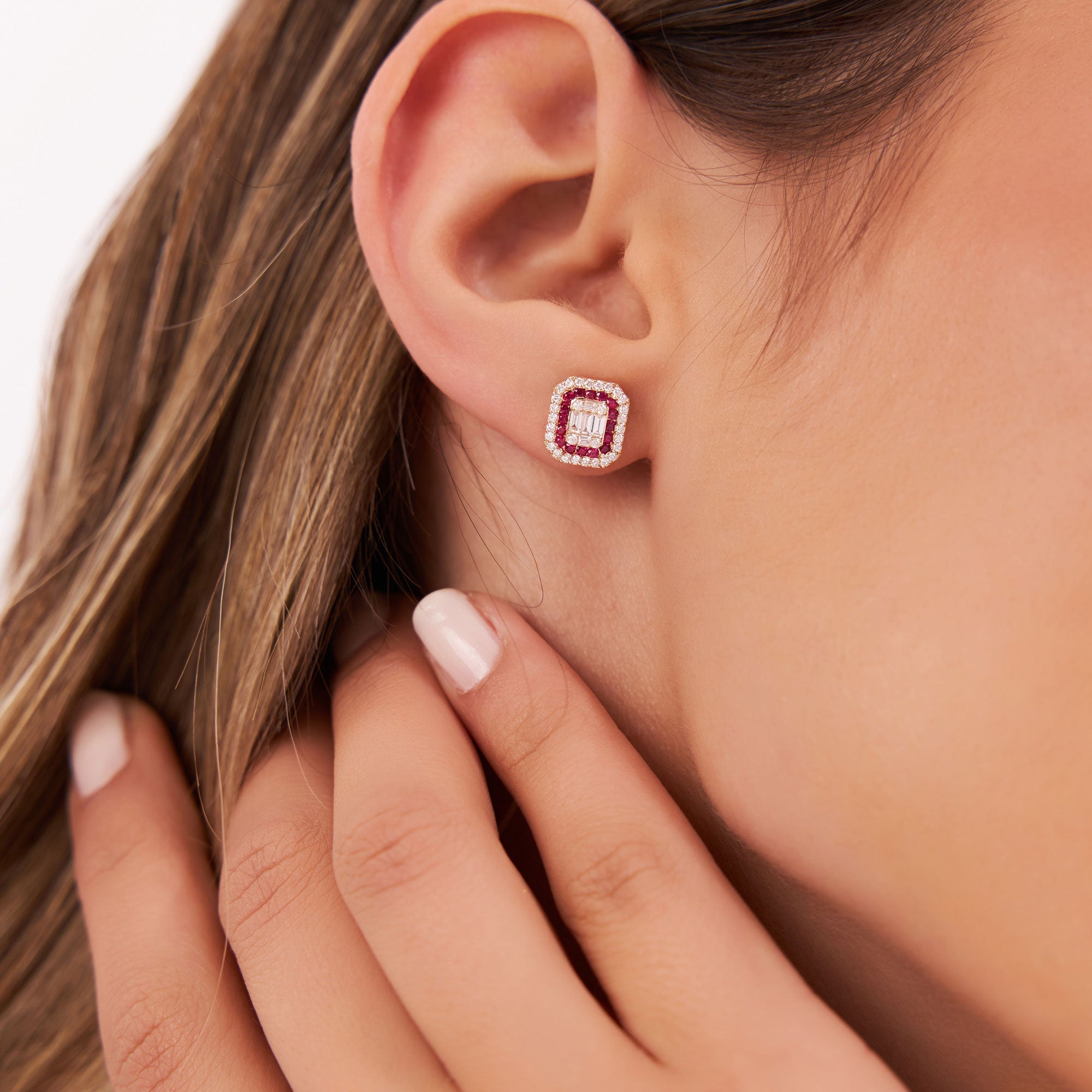 14k Baguette and Round Ruby Studs Halo Setting - GeumJewels