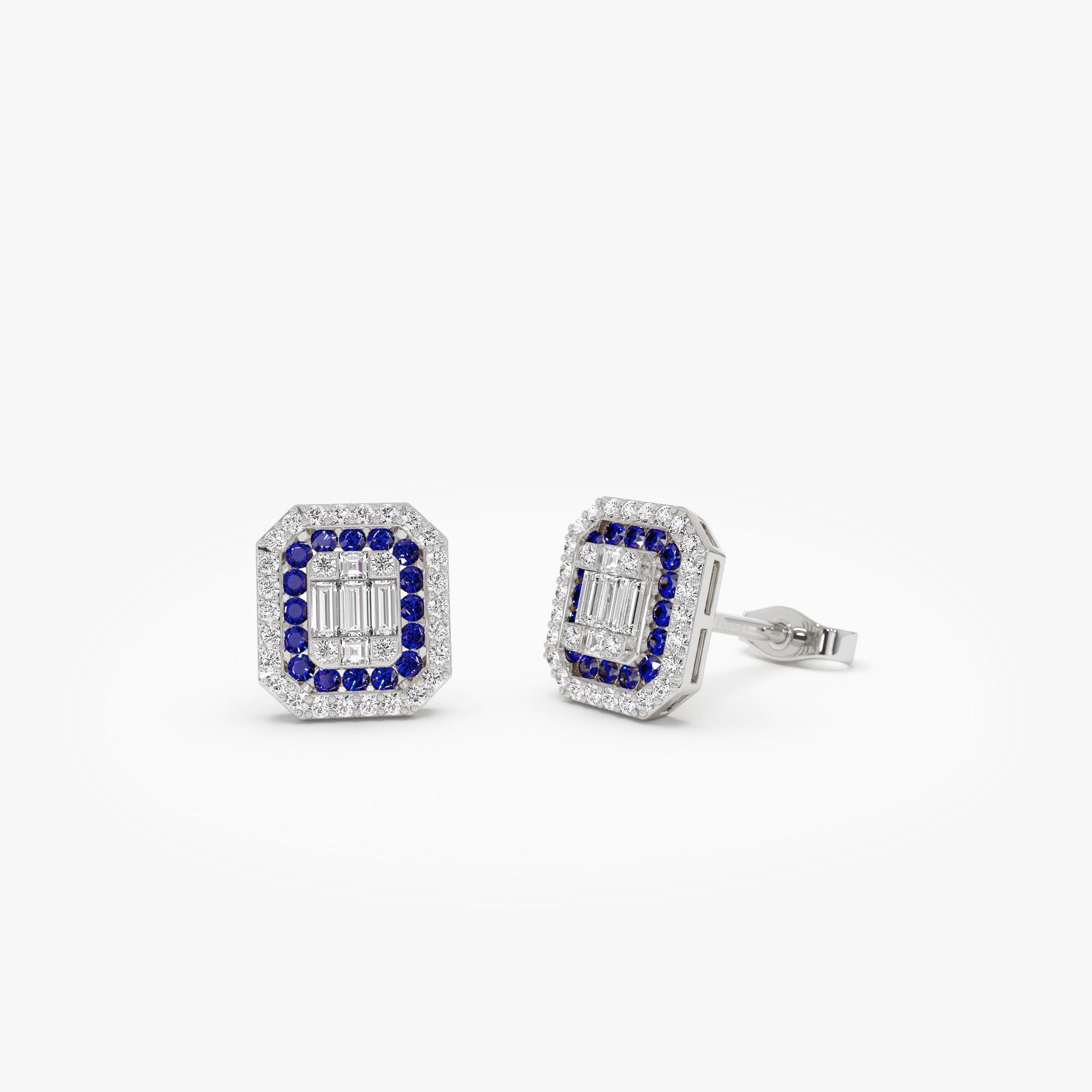 14k Baguette and Round Sapphire Studs Halo Setting - GeumJewels